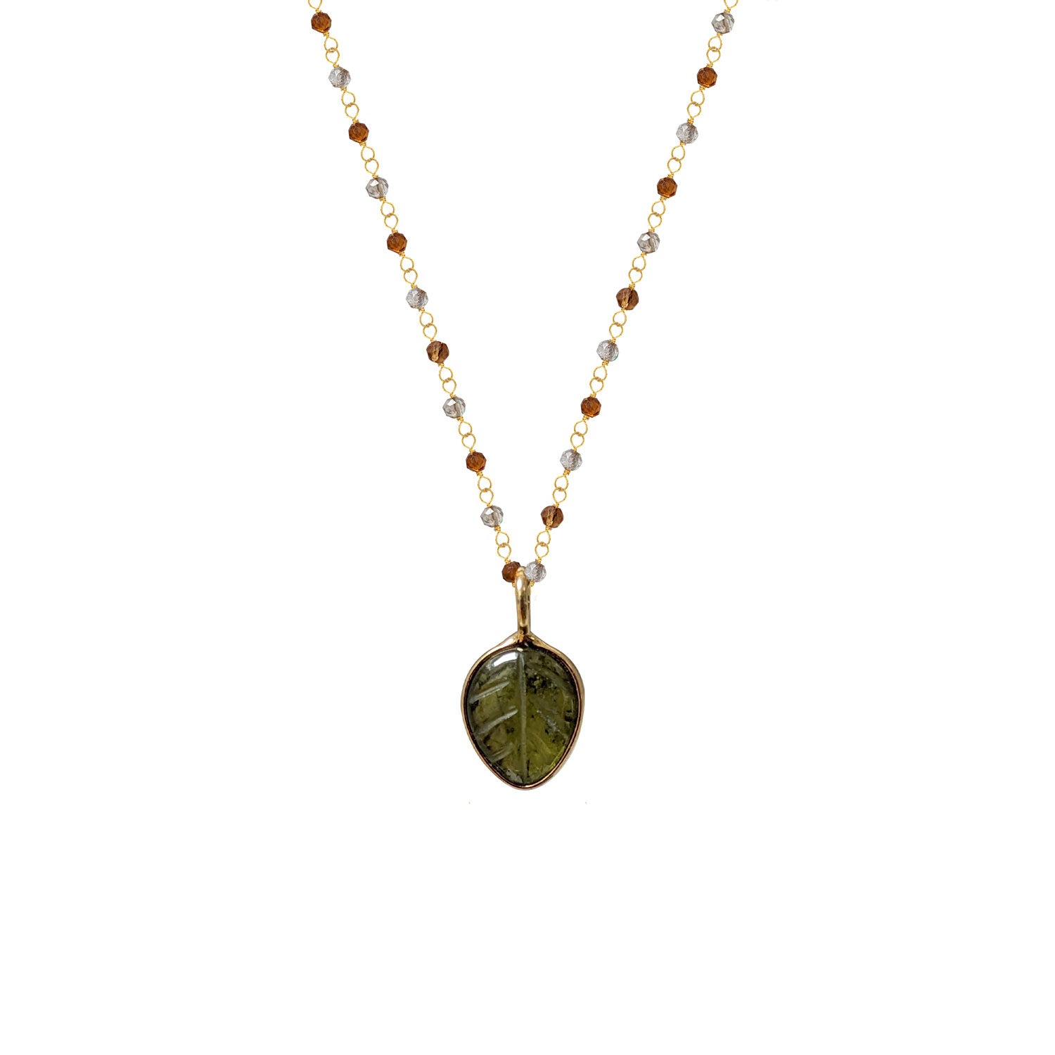 Citrine and Smokey Quartz rosary with carved peridot leaf pendant