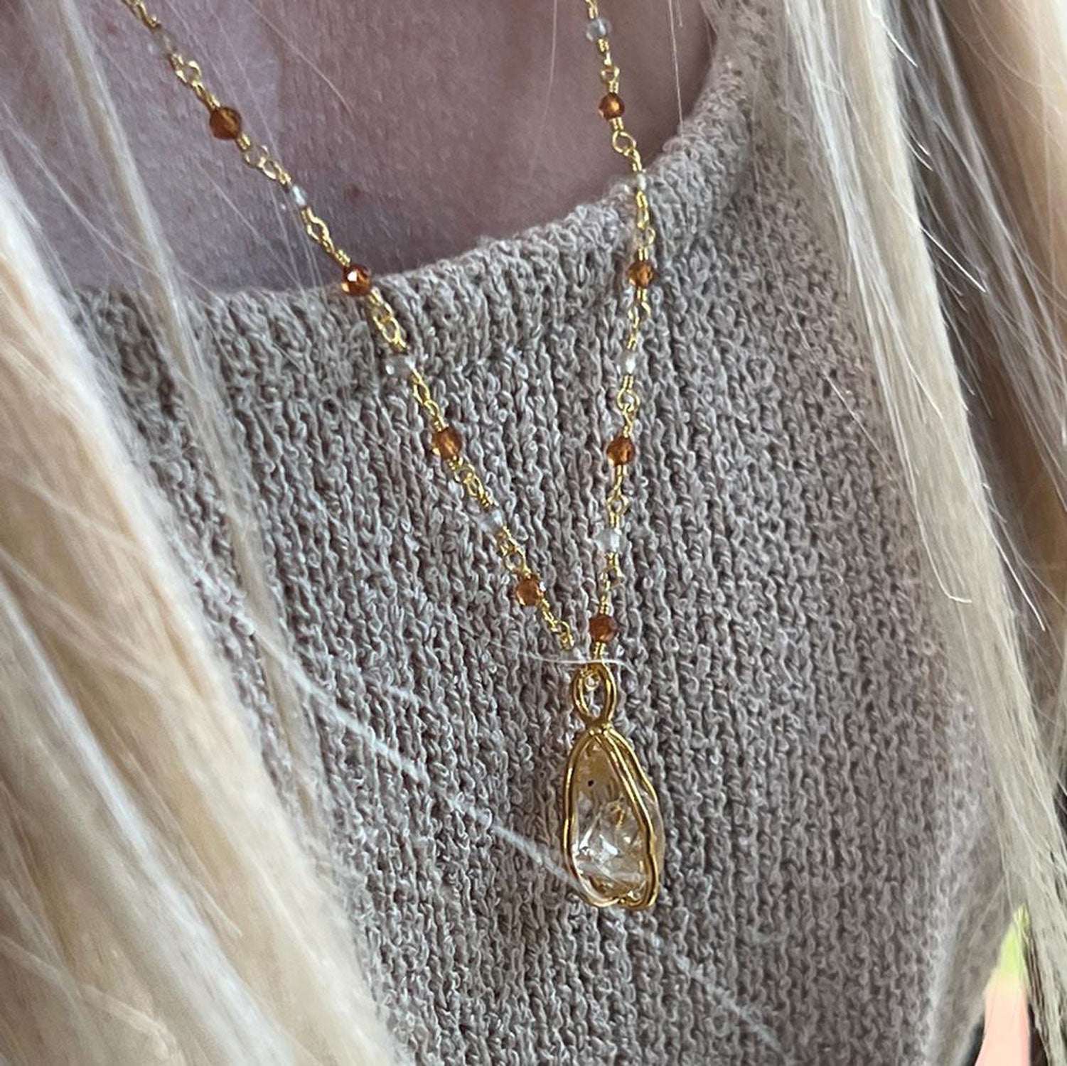 Citrine and Smokey Quartz Rosary with Raw Citrine in cage pendant