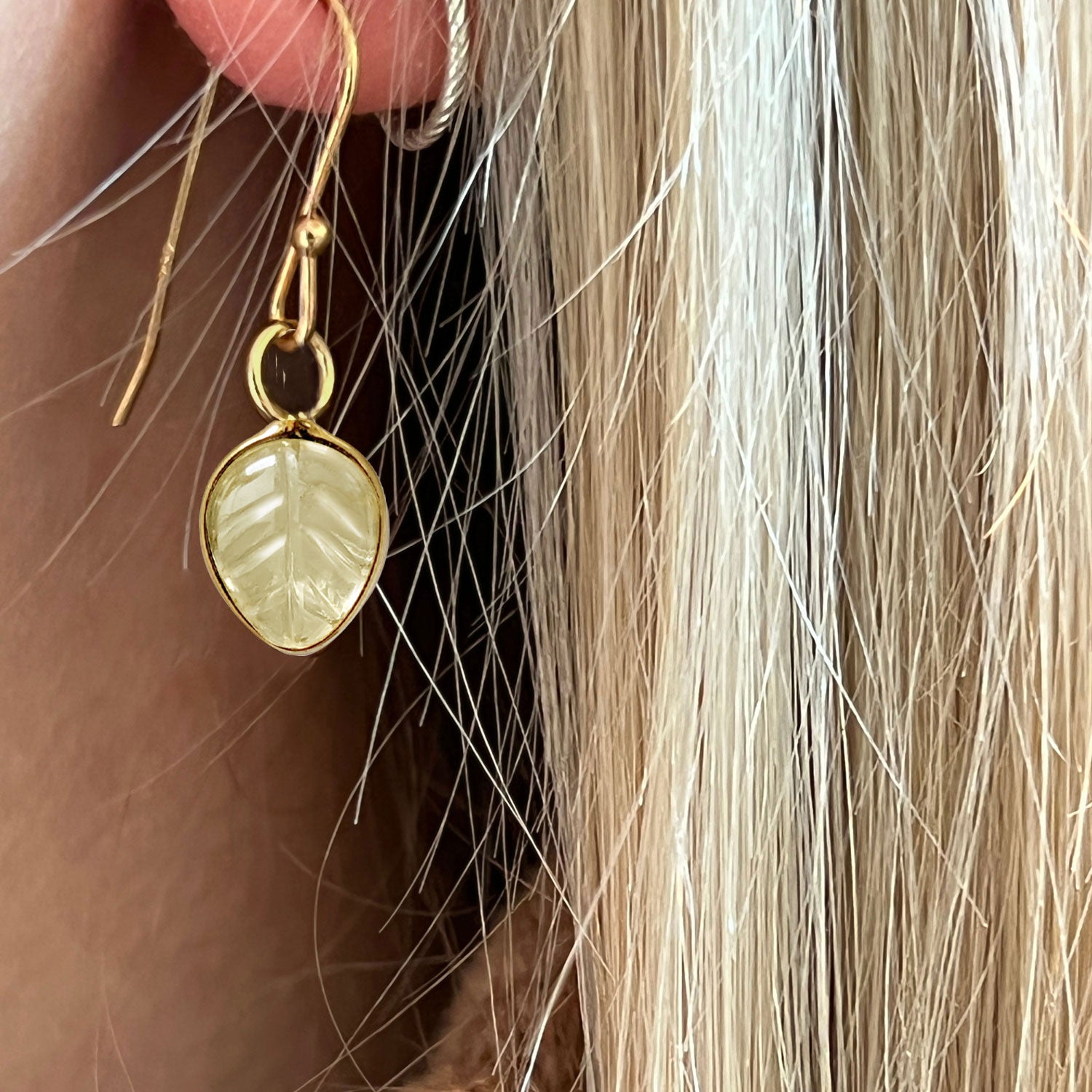 Citrine Carved leaf on Earring Hooks