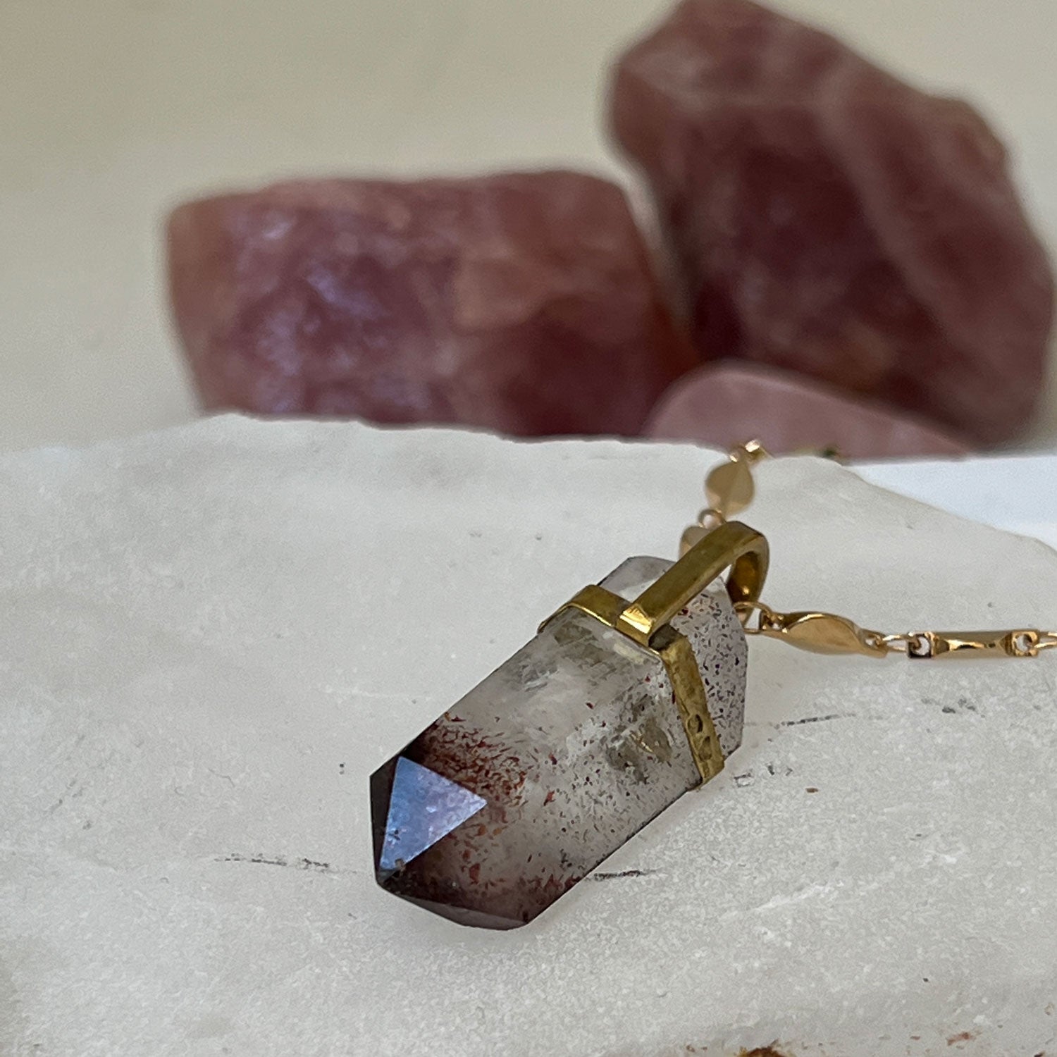 Unique Double Terminated Point Harlequin Crystal Pendant on Rose chain