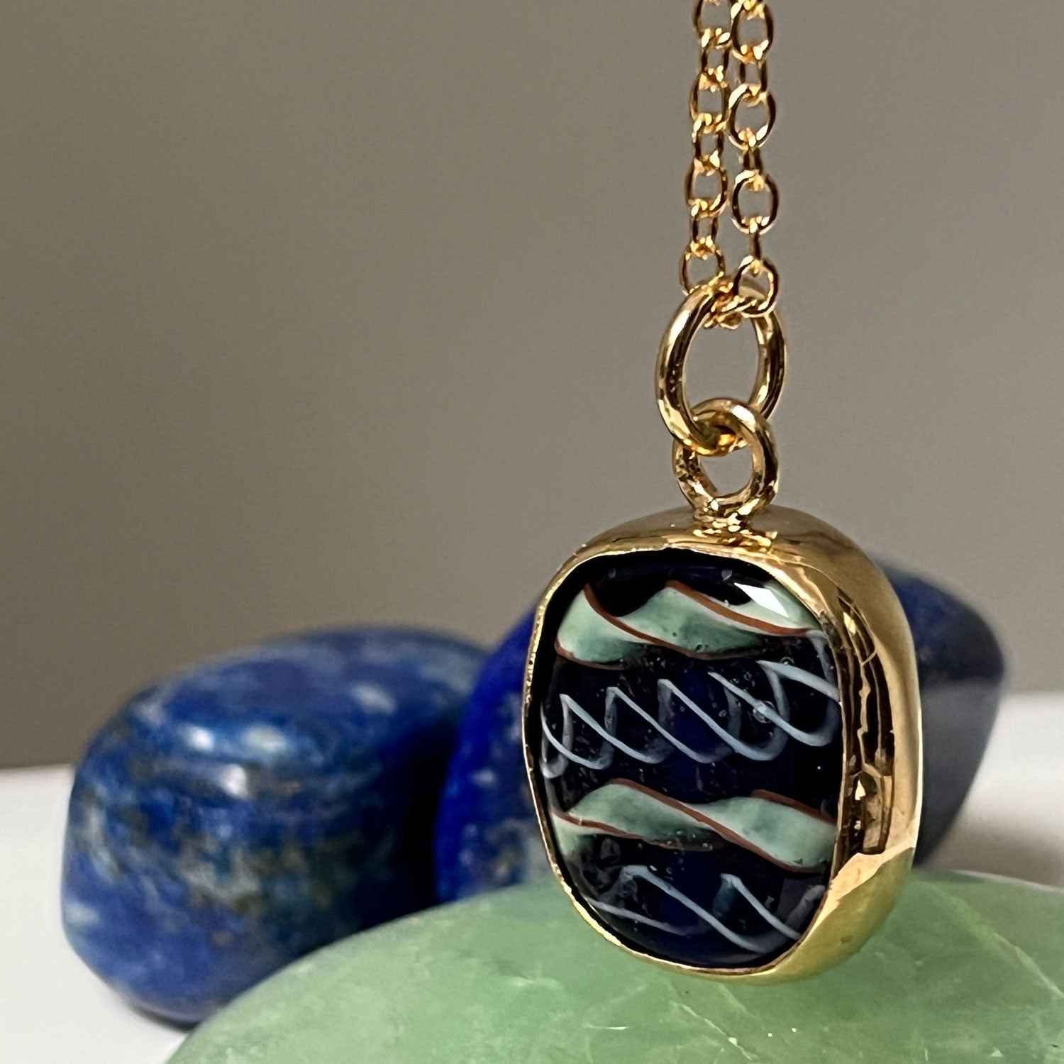 Fairtrade Bezeled Pendant Blue Glass on Simple Chain