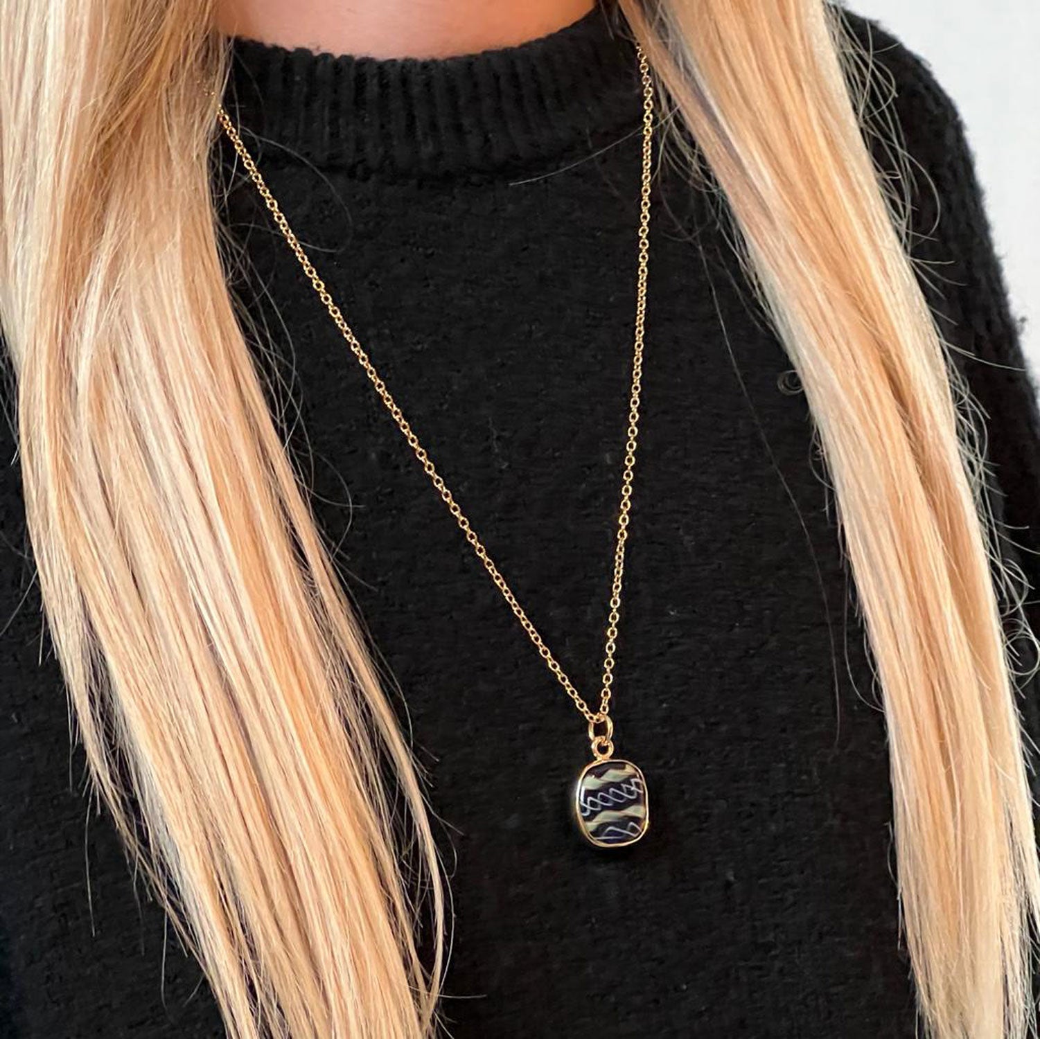 Fairtrade Bezeled Pendant Blue Glass on Simple Chain