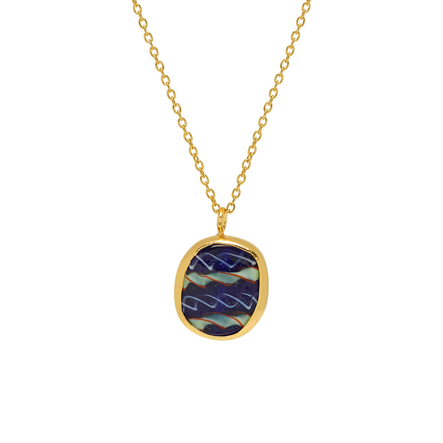 Fairtrade Bezeled Pendant Blue Glass on Simple Chain