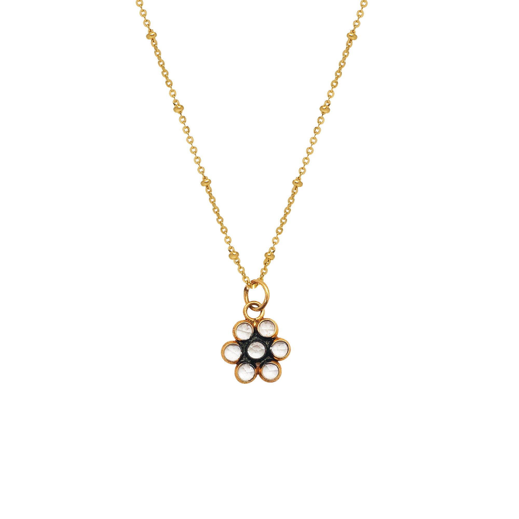 Polki Diamond Flower Pendant on a gold-plated satellite chain against a white background