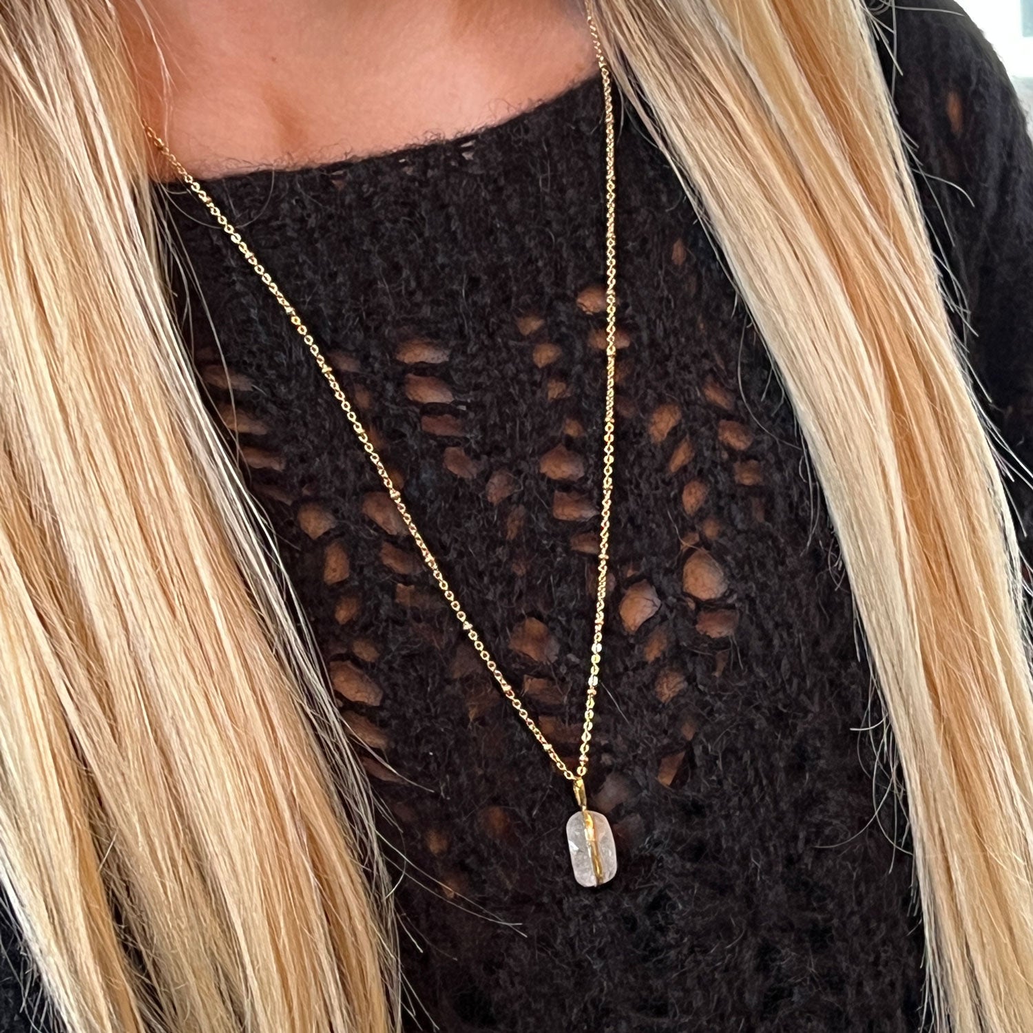Unique Freeform  Kunzite Pendant On Long Satellite Chain