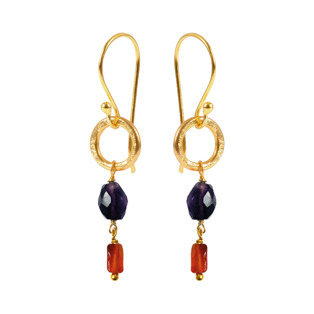 Gita Earrings 2 Stone Amethyst & Carnelian - Mirabelle Jewellery