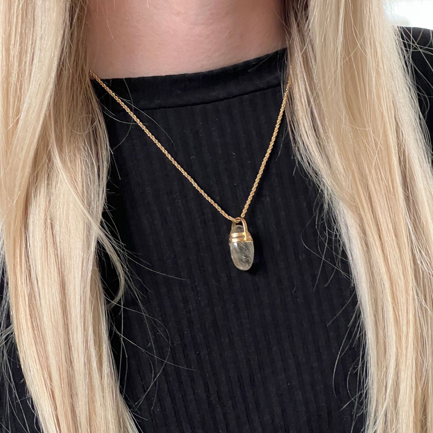 Golden Rutil Quartz Egg Pendant On Short Rope Chain