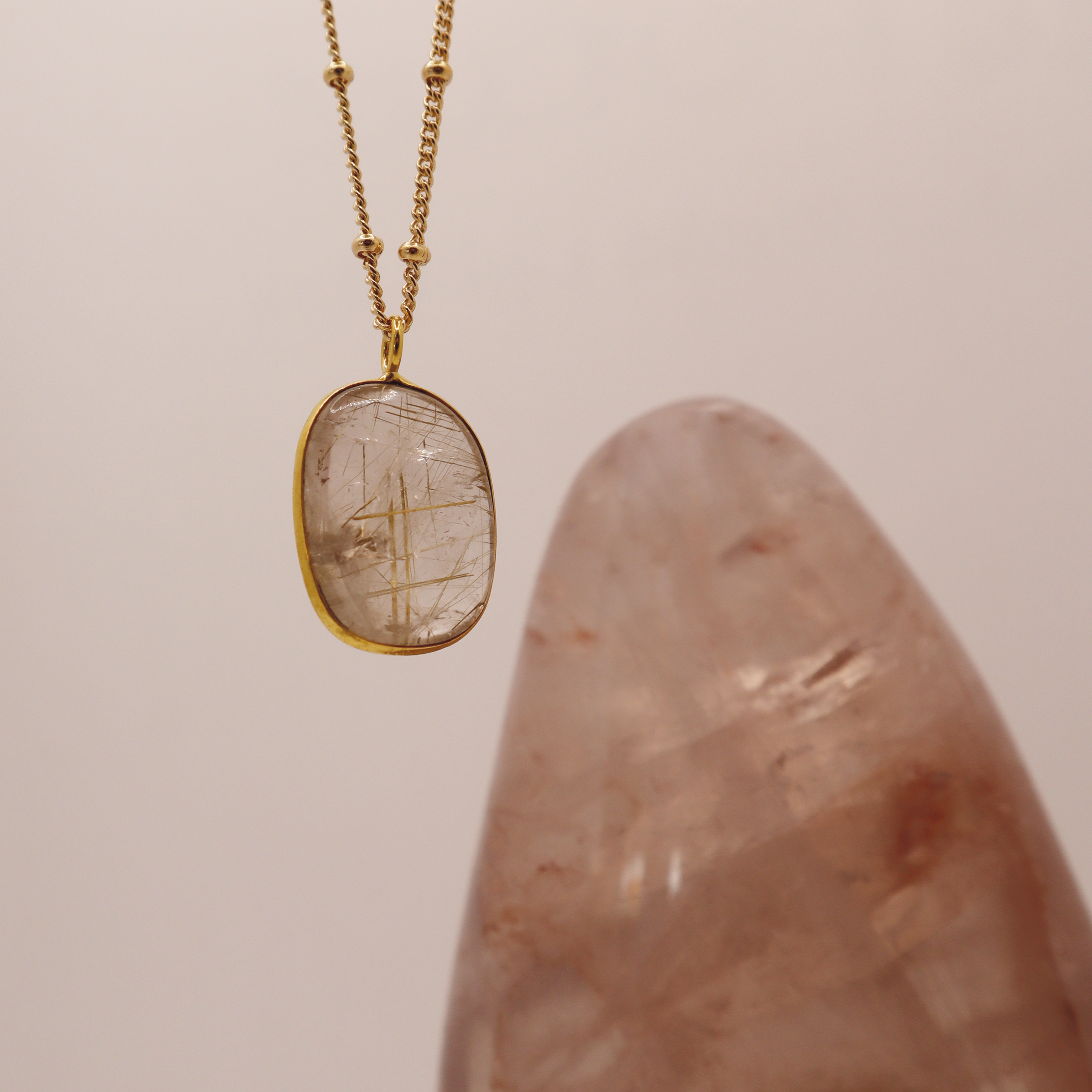Golden Rutil Quartz Bezel Pendant on Biba Chain