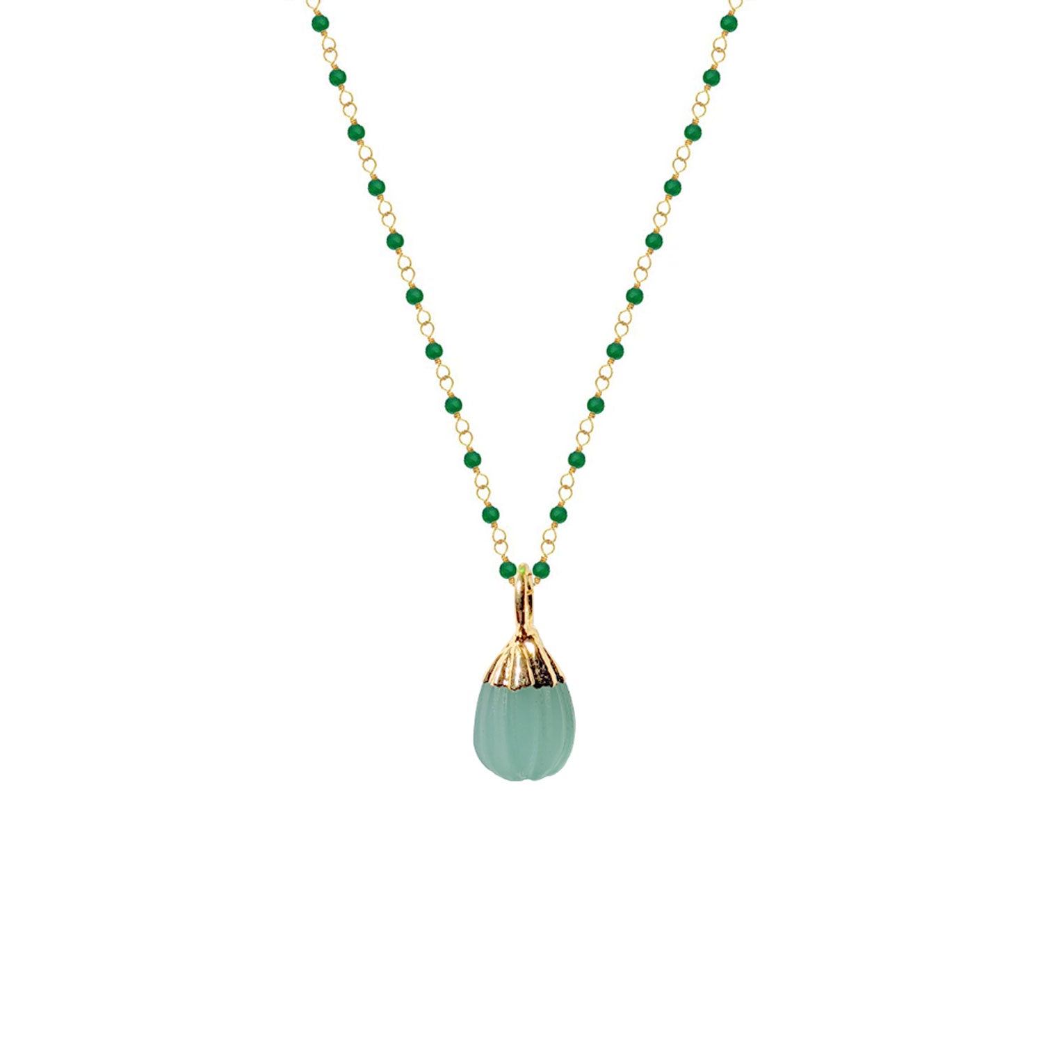 Green Onyx  Rosary with Eva Aqua Chalcedony Pendant