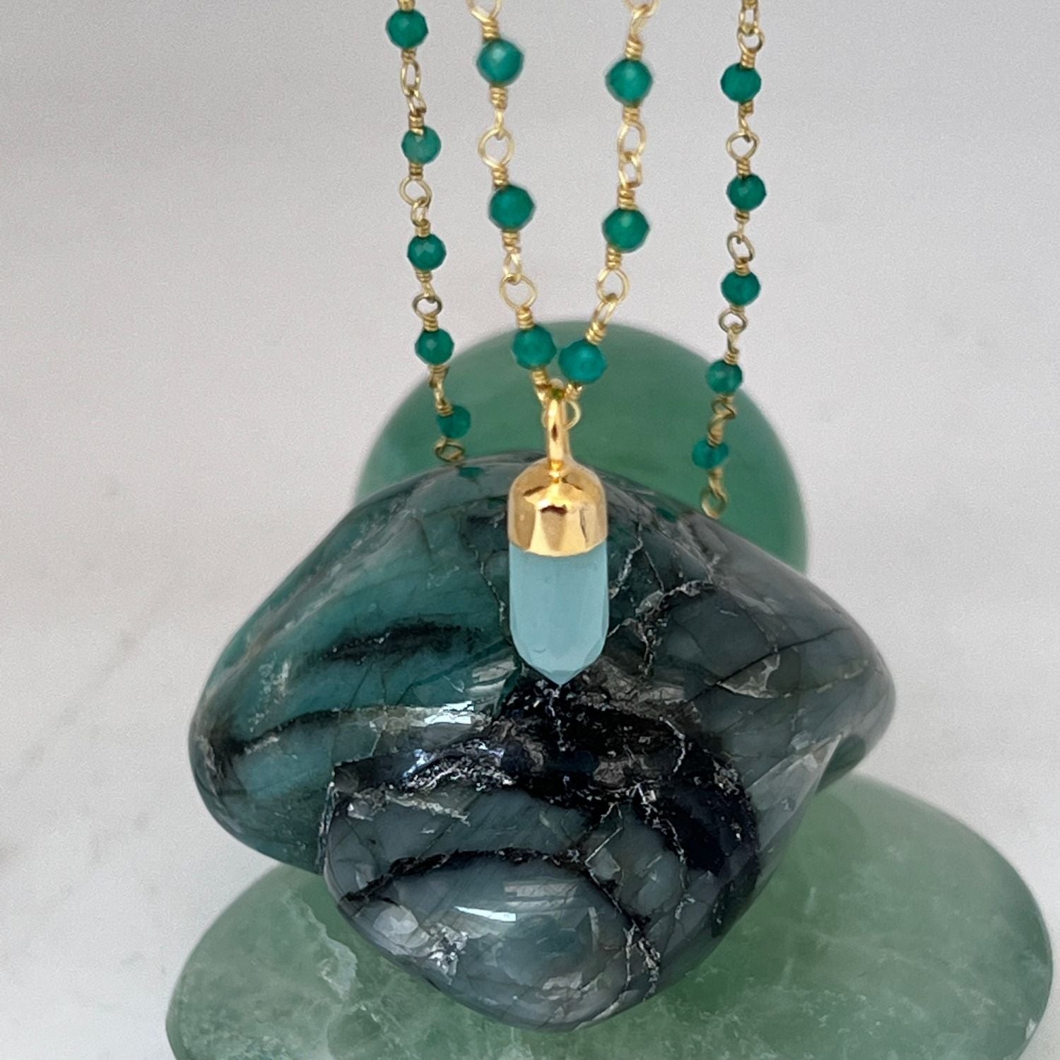 Green Onyx Rosary Aqua Chalcedony Mini Point