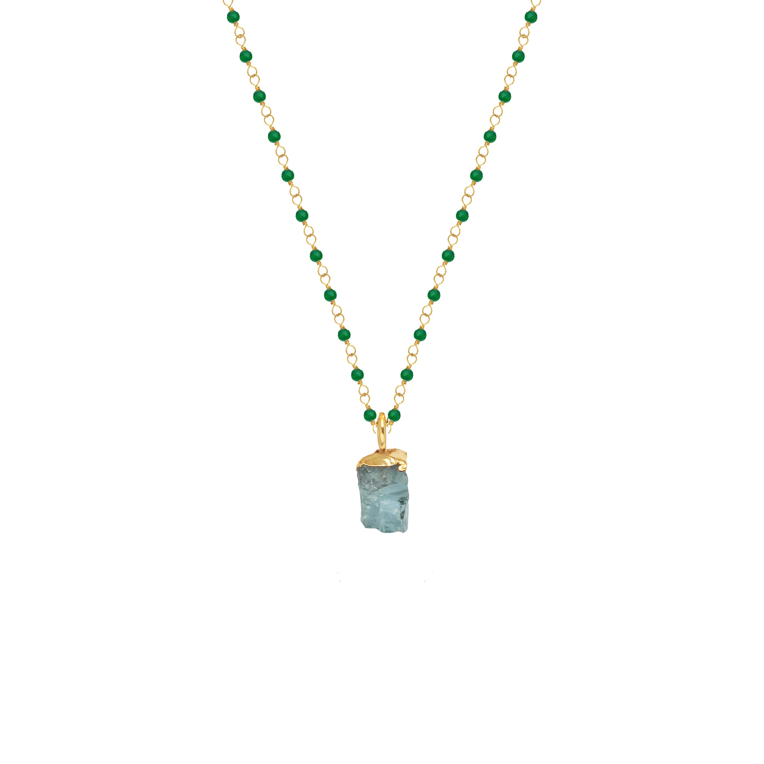 Green Onyx Rosary with Raw Aquamarine Pendant - Mirabelle Jewellery