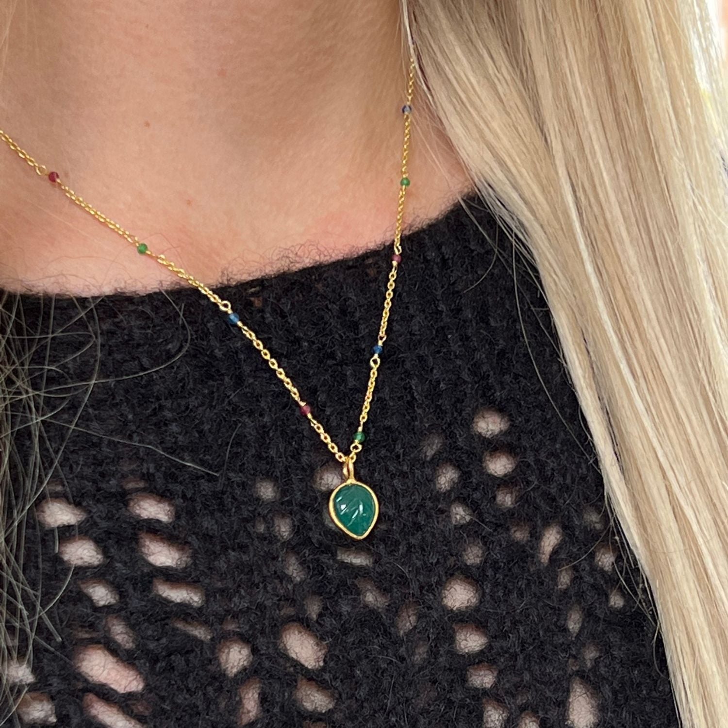 Fancy multi Rosary with Carved Green Onyx Leaf