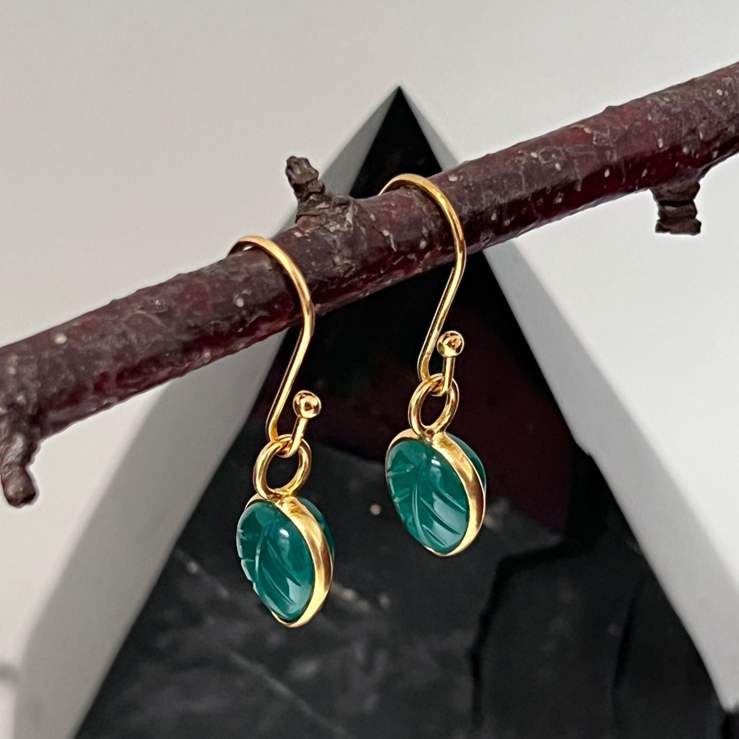 Carved Leaf Green Onyx Hooks Earrings