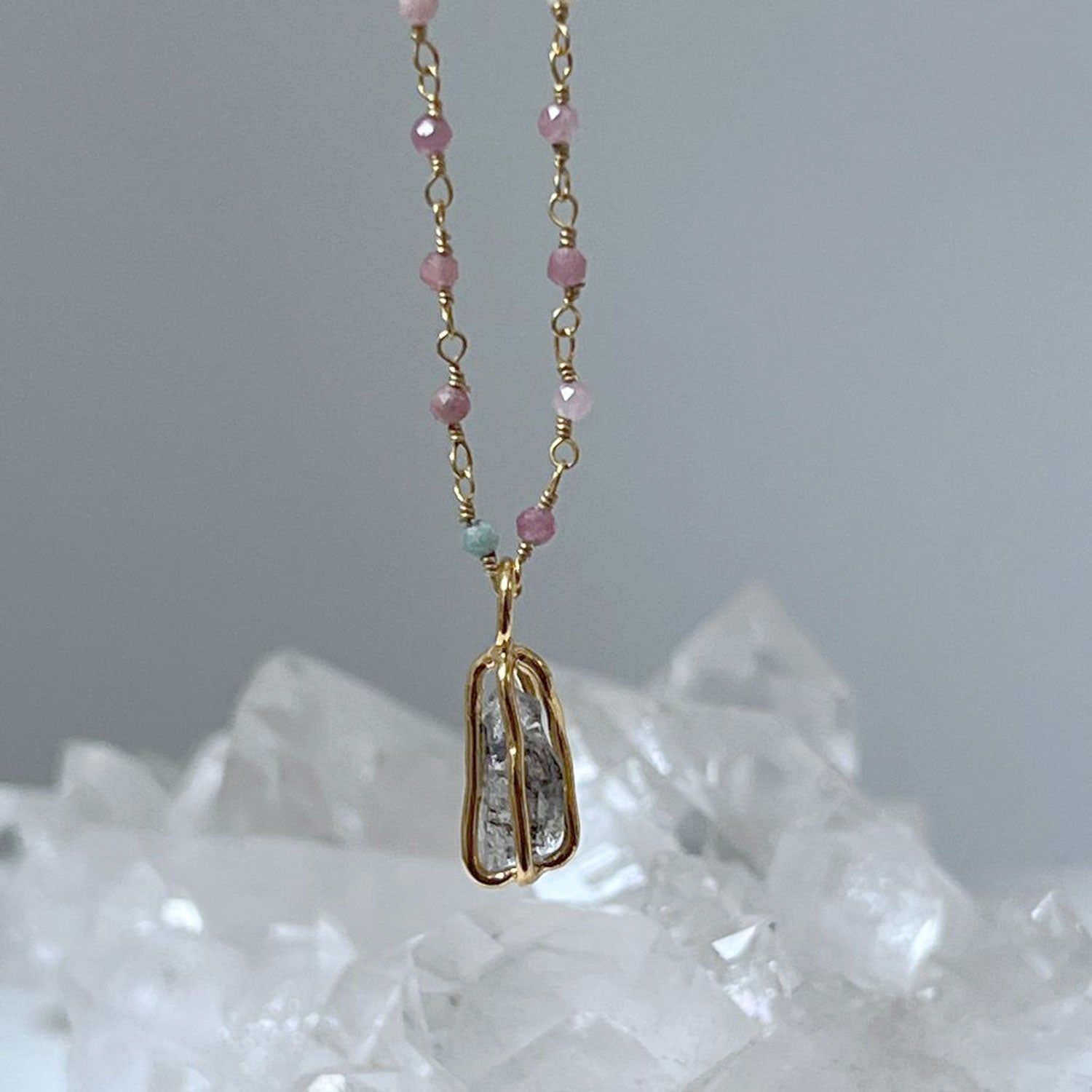 Multi Tourmaline Pastel Long Rosary with raw Herkimer Diamond in cage