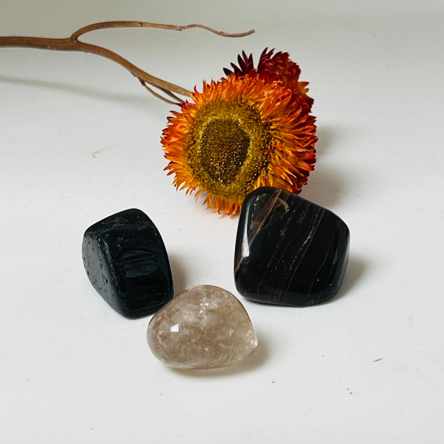 The Grounding Set with Black tourmaline, Petrified wood and Smokey Quartz