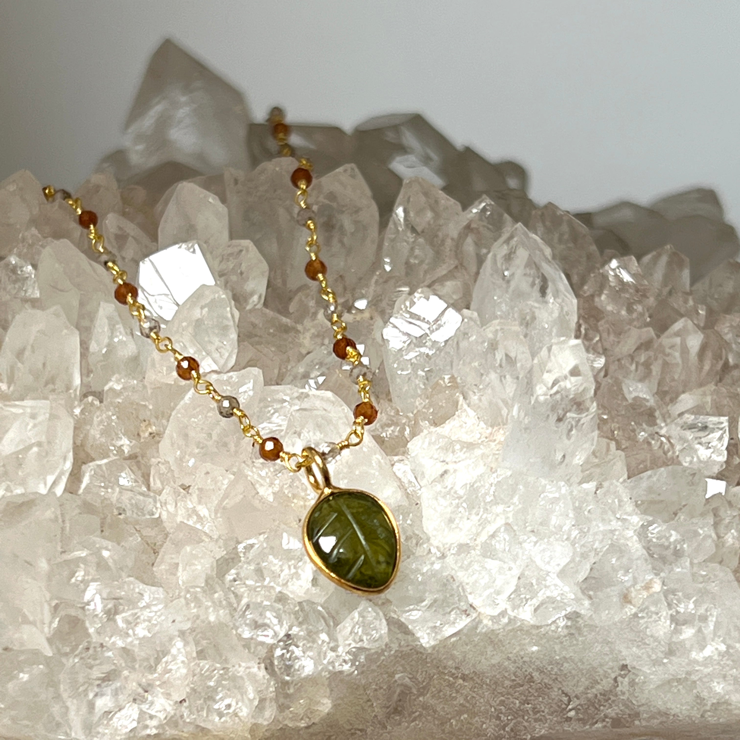Citrine and Smokey Quartz rosary with carved peridot leaf pendant