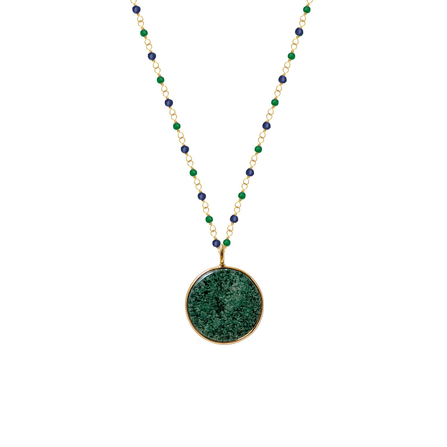 Jade Coin Pendant on Emerald and Sapphire Rosary chain
