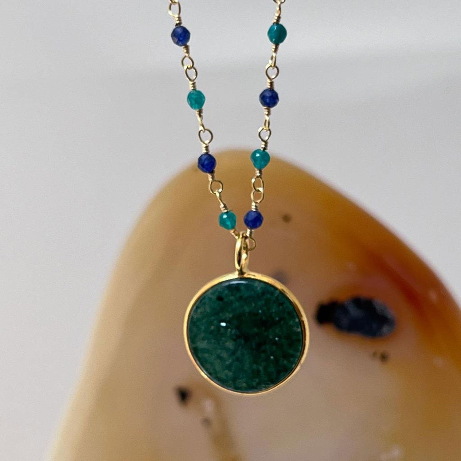 Jade Coin Pendant on Emerald and Sapphire Rosary chain