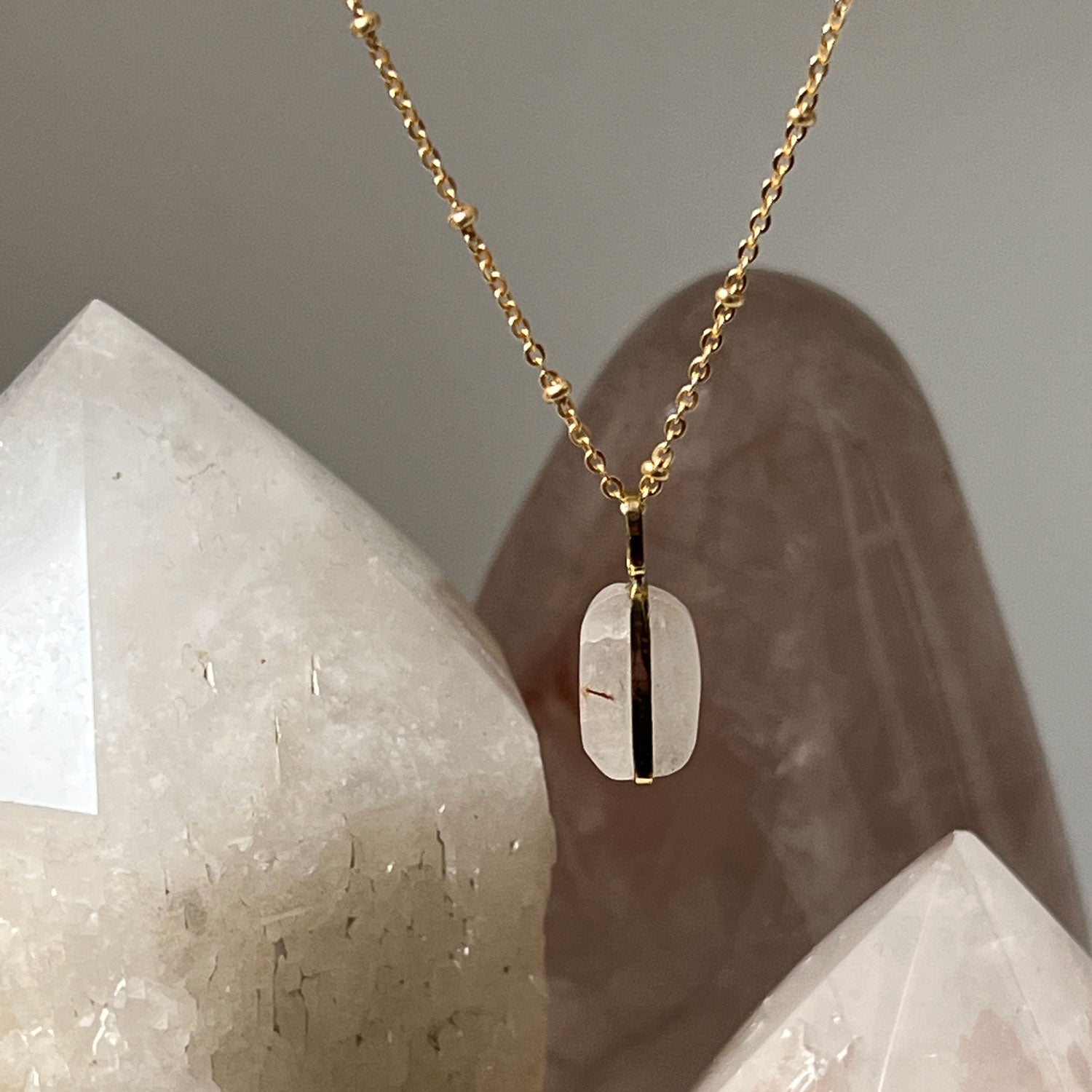 Unique Freeform  Kunzite Pendant On Long Satellite Chain