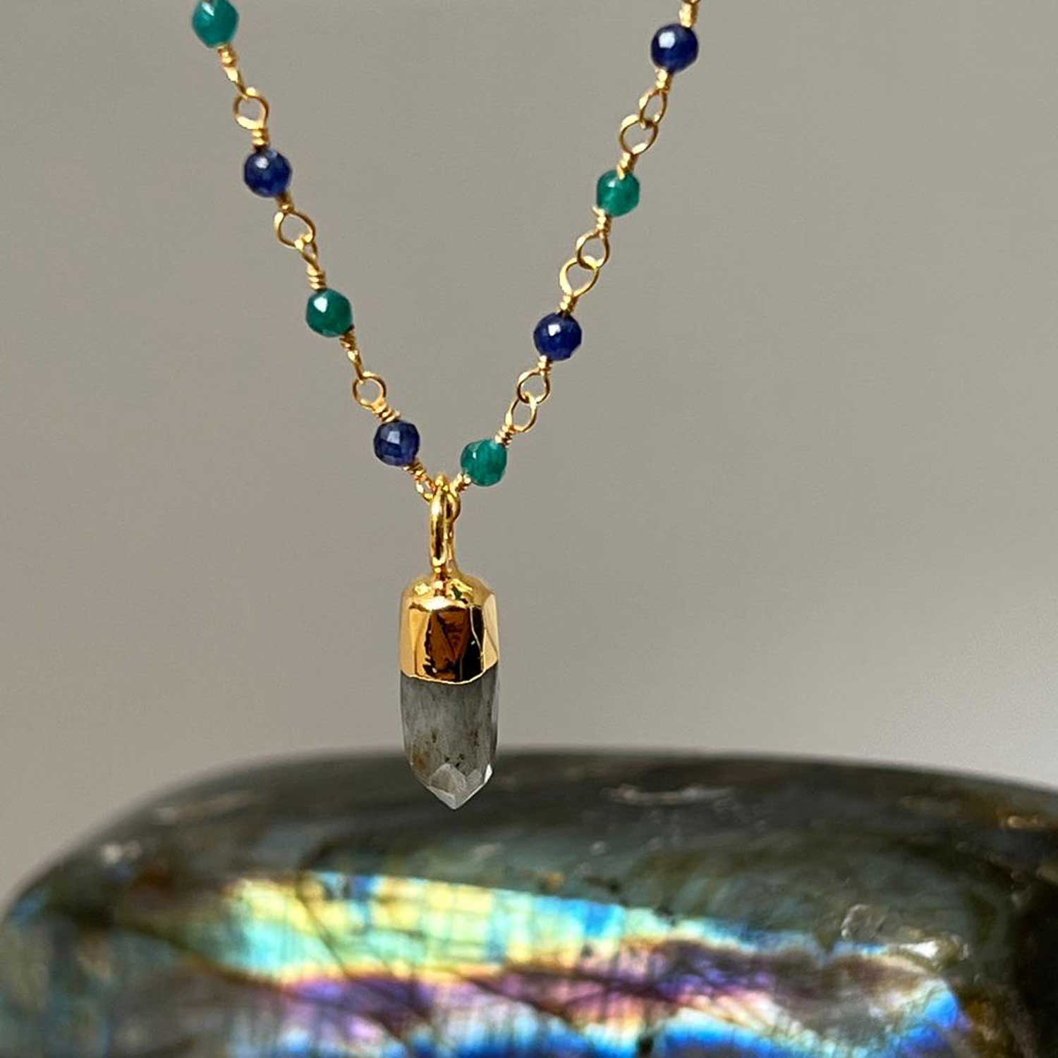 Emerald & Sapphire Rosary with Labradorite Mini Point Pendant