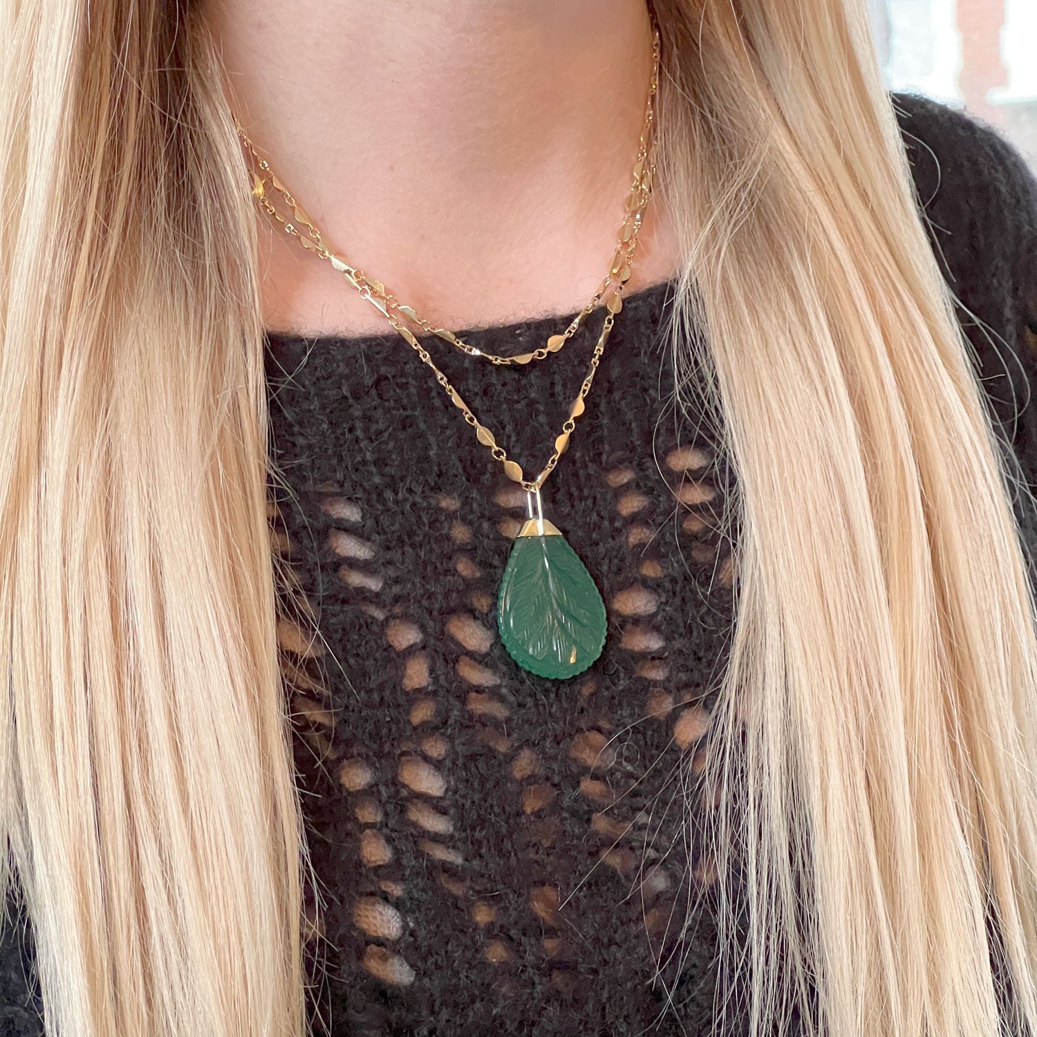 Unique Large Carved Green Onyx Drop pendant on Rose Chain