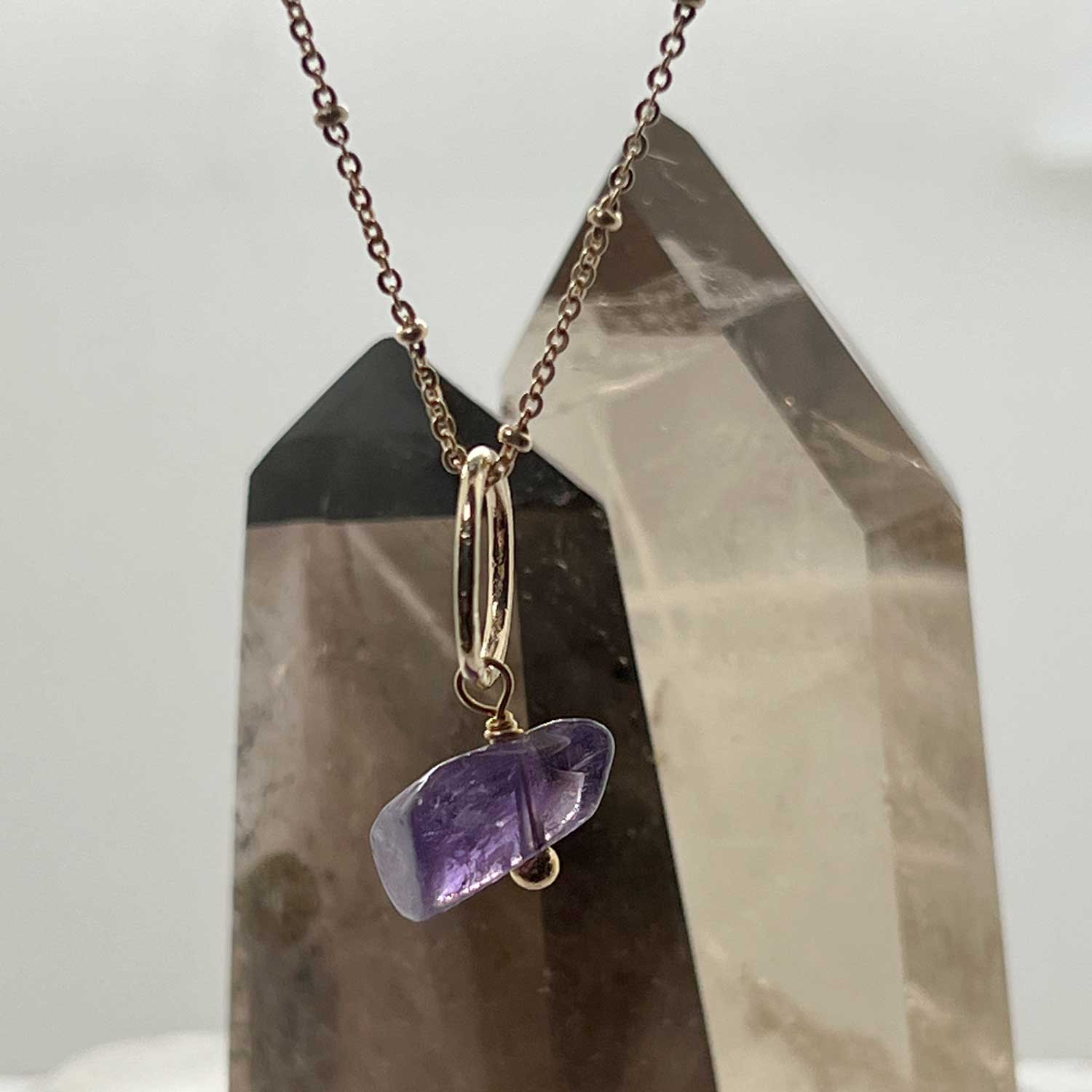 Lottie Freeform Amethyst Pendant on Long Satellite Chain