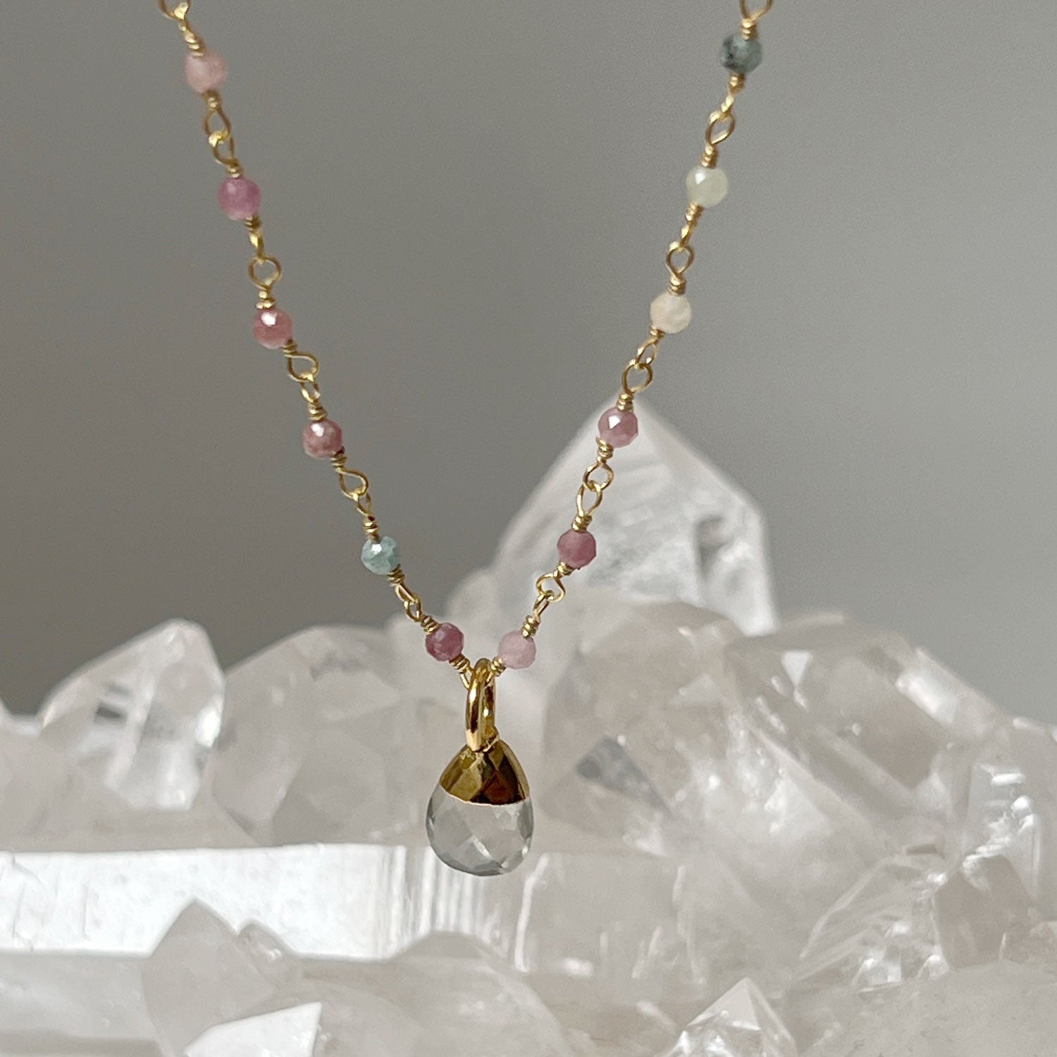 Multi Tourmaline Pastel Long Rosary with Green Amethyst Briolette