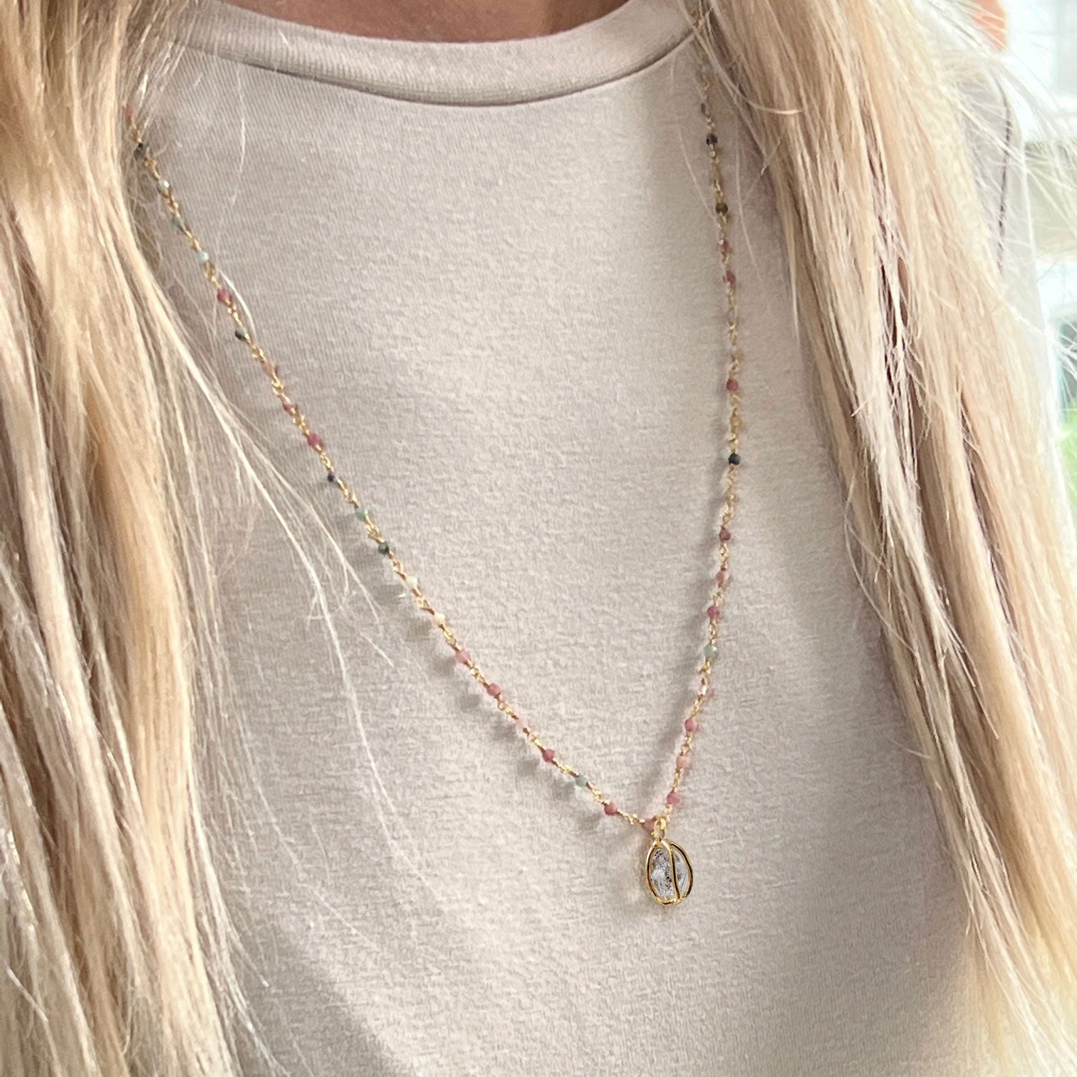Multi Tourmaline Pastel Long Rosary with raw Herkimer Diamond in cage