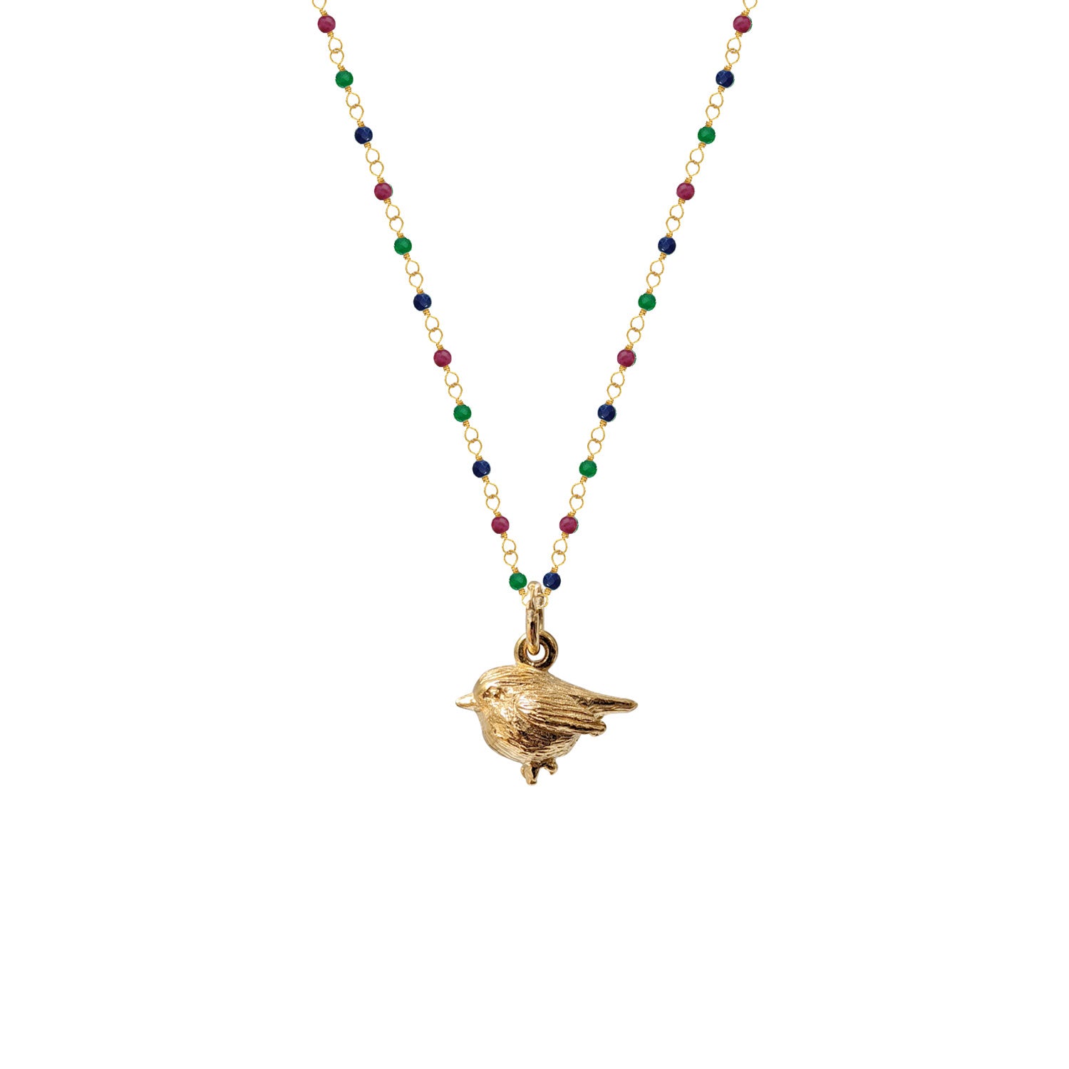 A gold-plated rosary necklace with a multi-colored beaded chain and a small robin charm.