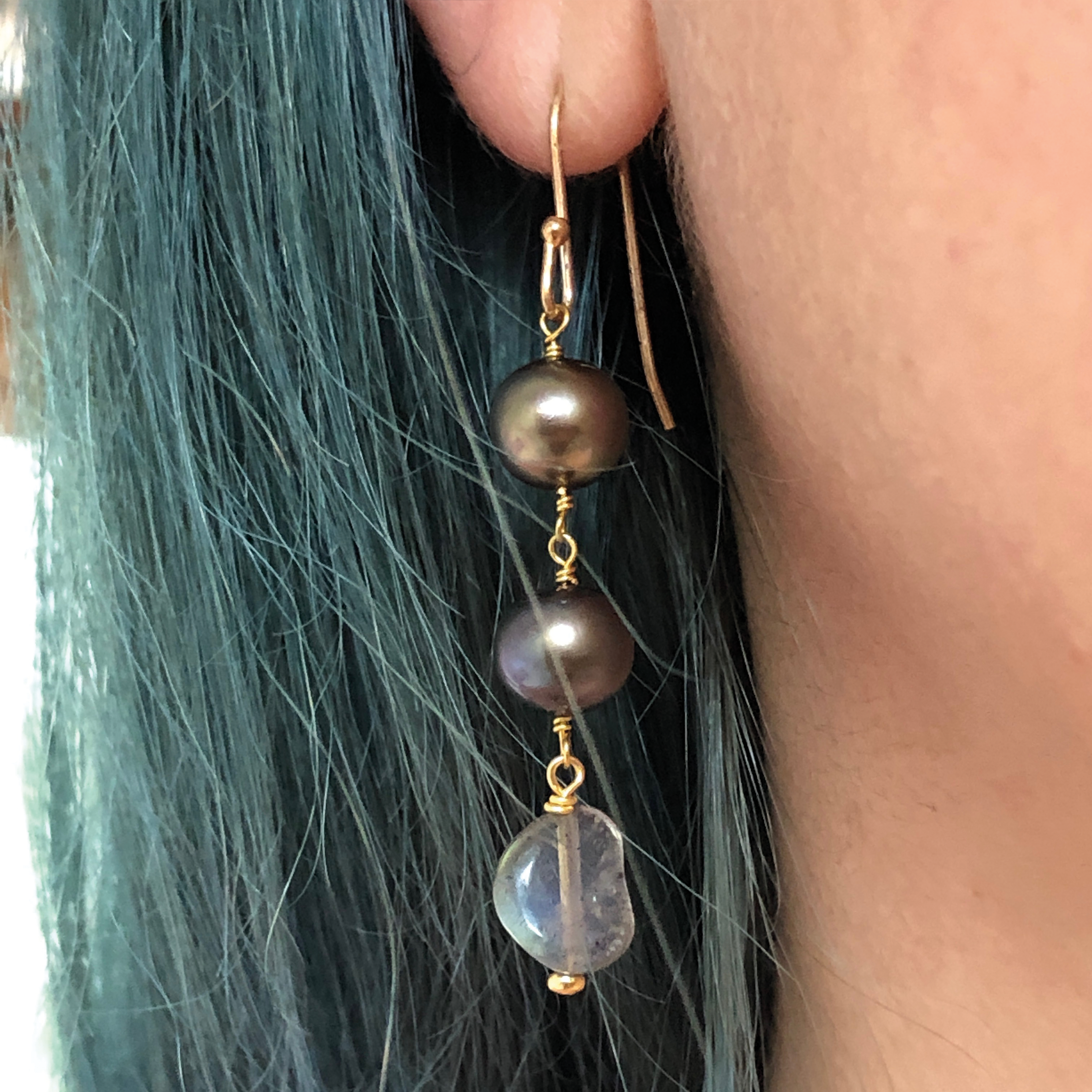 Peacock Pearl & Freeform Labradorite Earrings