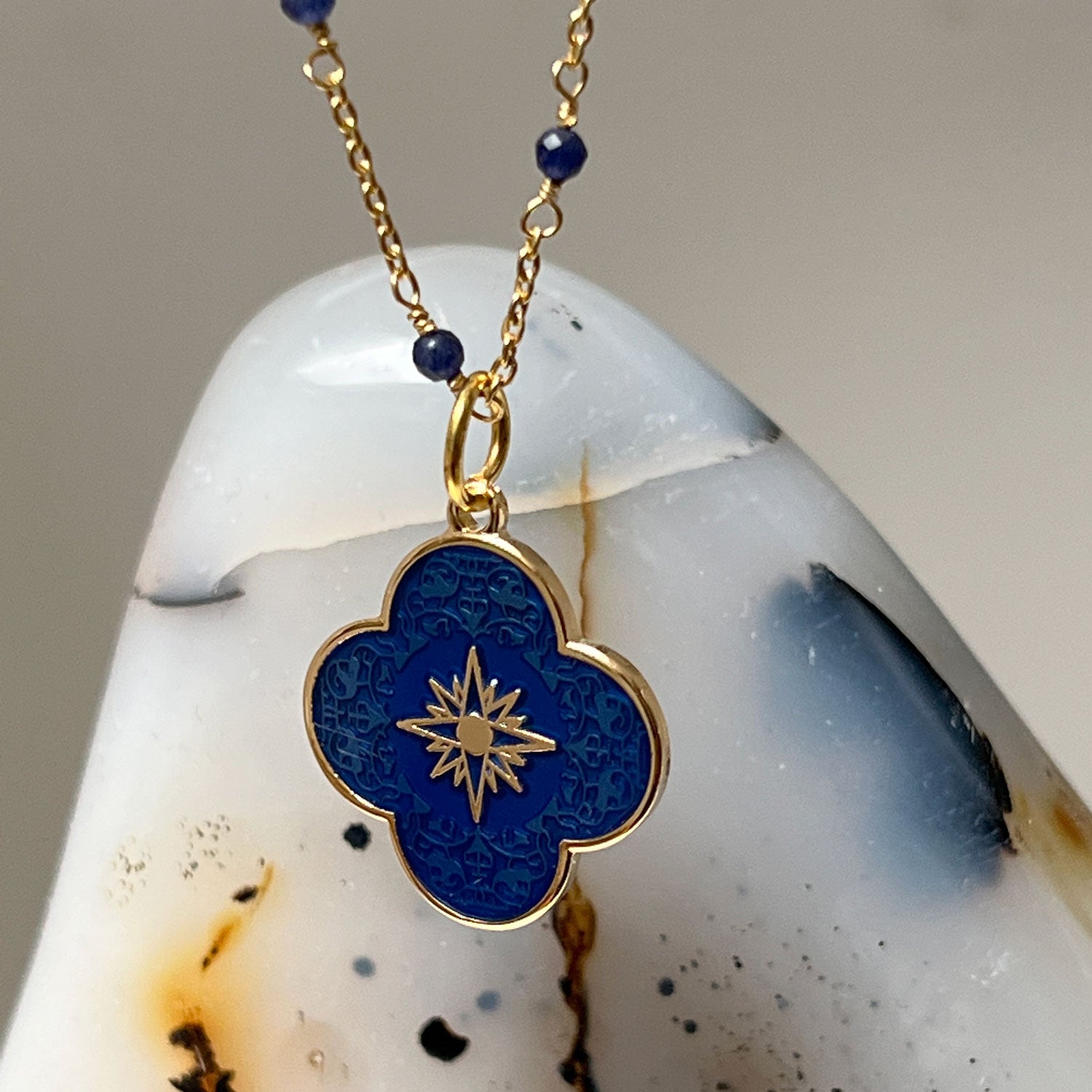 Fancy Sapphire Rosary with Petal Star Cross Enamel Medal Royal Blue