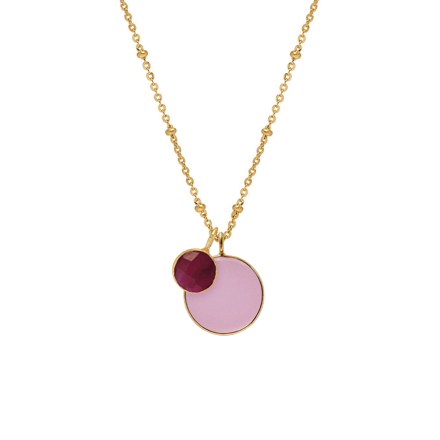 Duo Pink Ruby Pendant on Long Satellite Chain