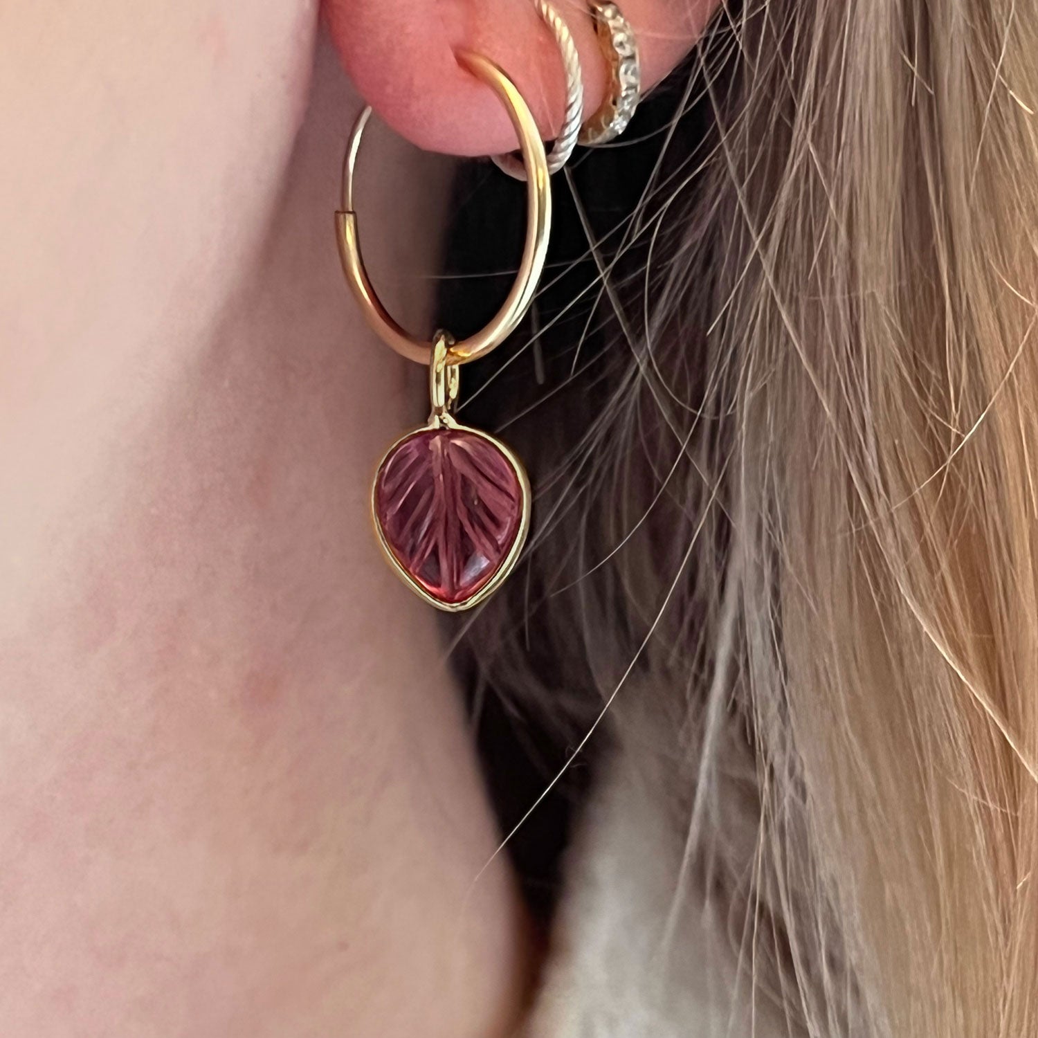 Cora Creole Pink Tourmaline Carved Leaf Earrings