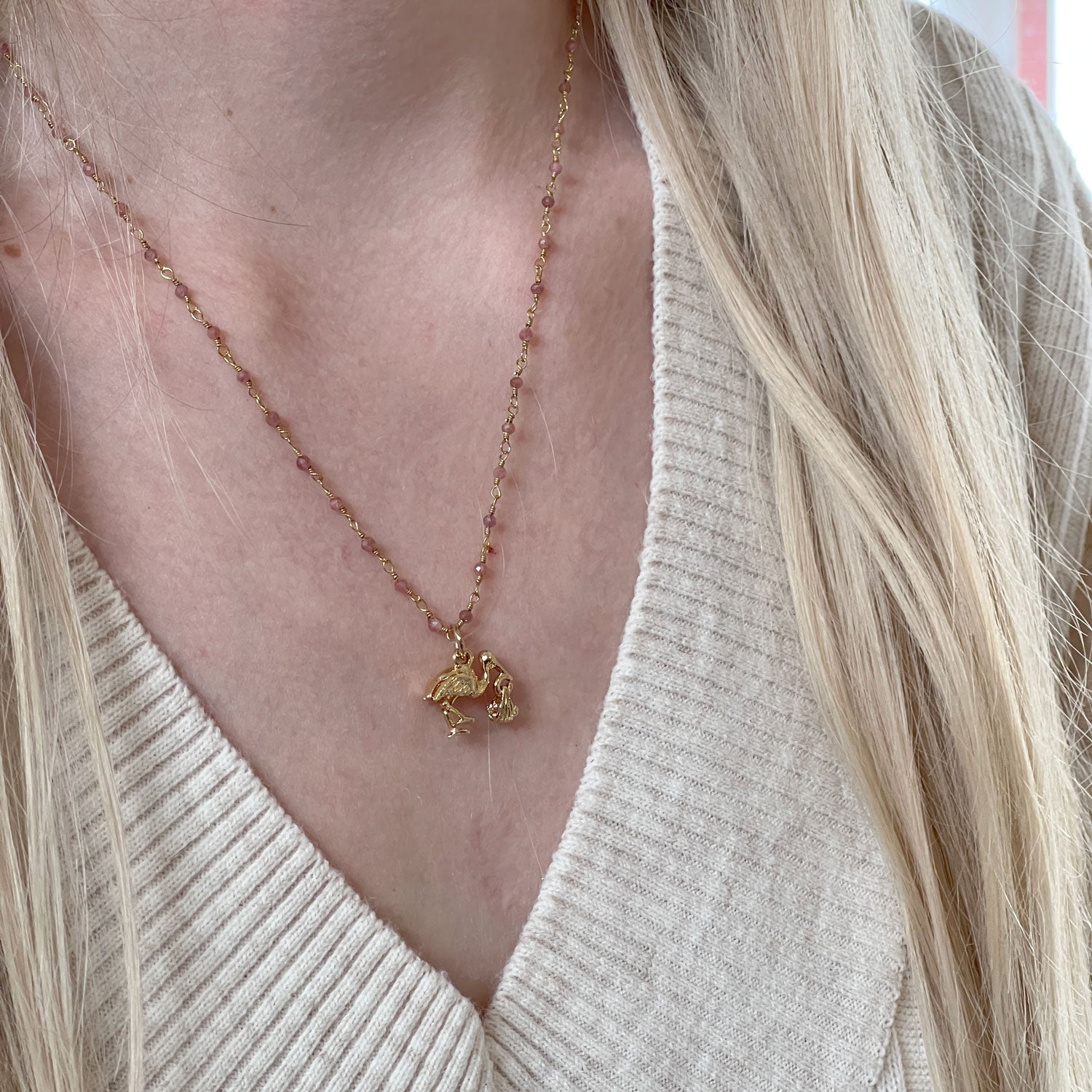 Pink Tourmaline Rosary with Stork & Baby Charm