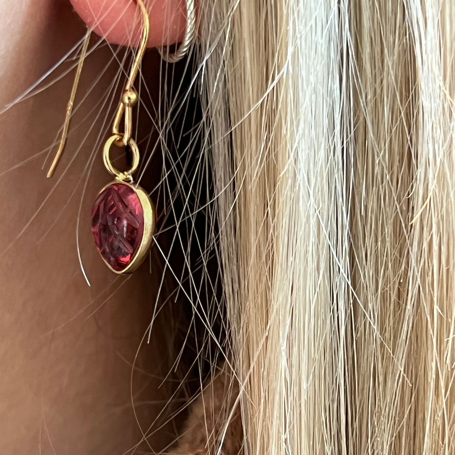 Carved Pink Tourmaline Leaf Earrings