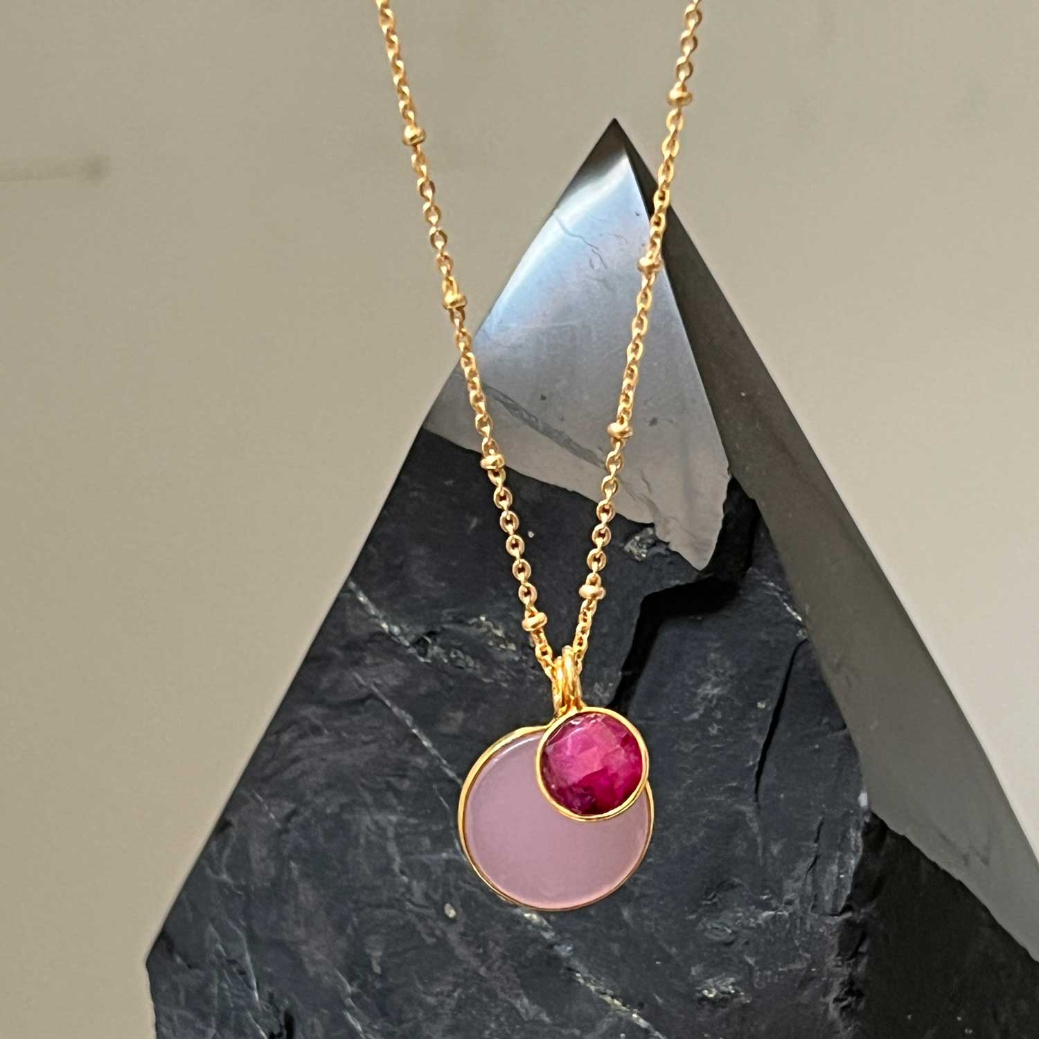 Duo Pink Ruby Pendant on Long Satellite Chain