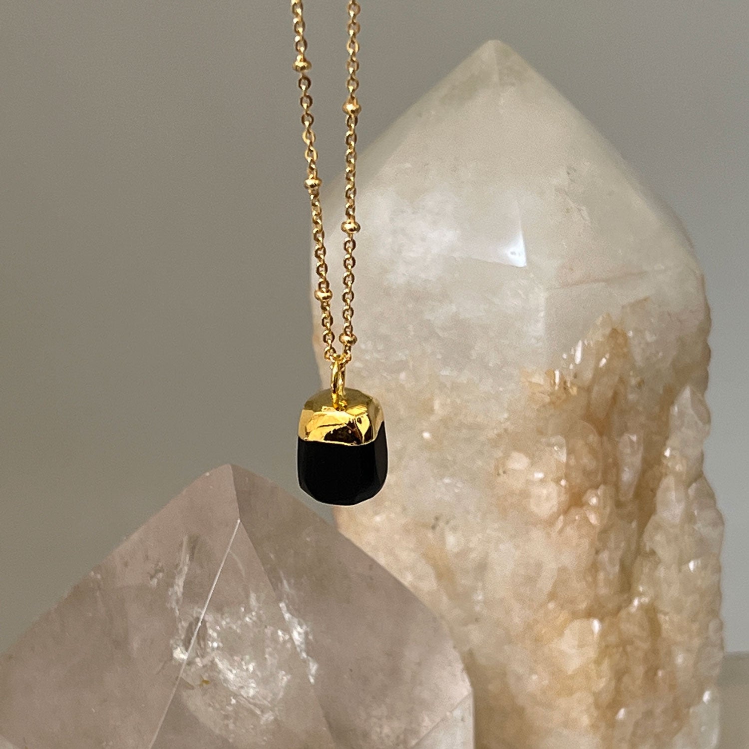 Raw Black Onyx Pendant on a Short Satellite Chain