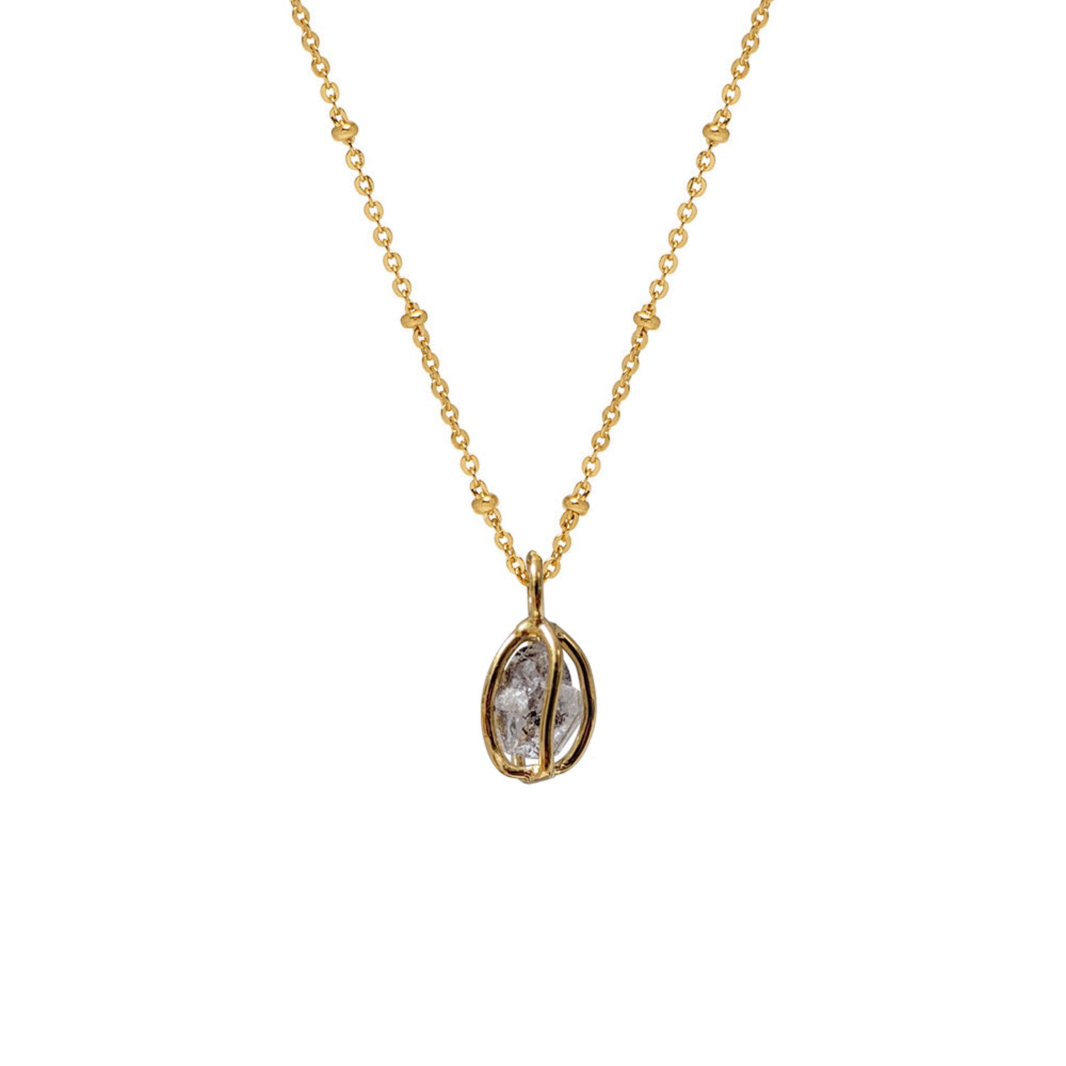 Raw Herkimer Quartz Diamond Gold-Plated Cage Pendant on a short chain