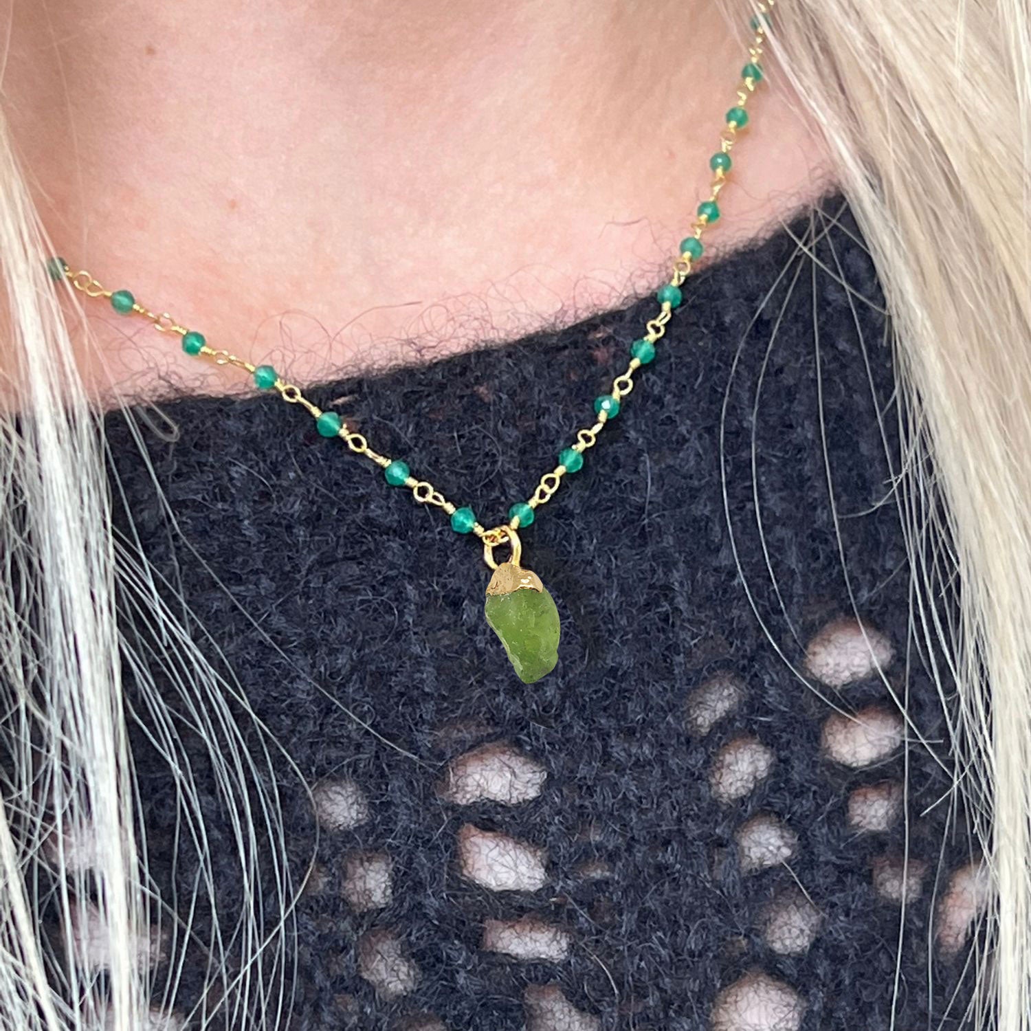 Green Onyx Rosary with Raw Peridot Pendant
