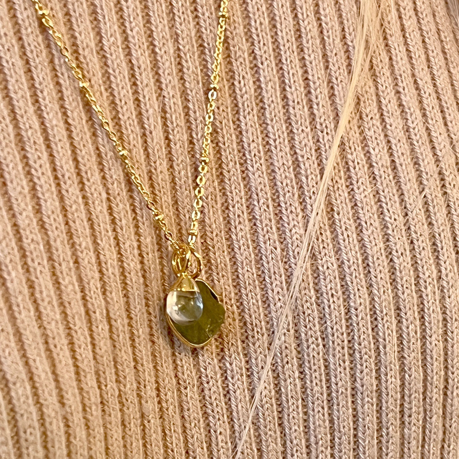 Freeform Raw Peridot slice with Smooth Rock Crystal Drop on Satellite chain