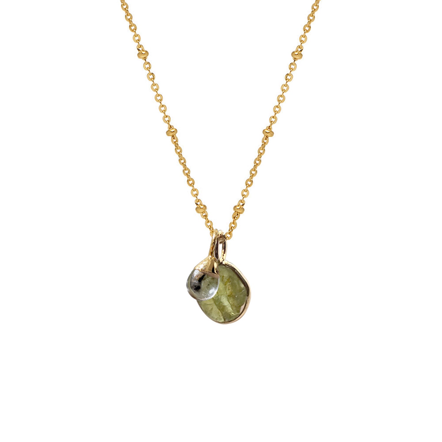 Freeform Raw Peridot slice with Smooth Rock Crystal Drop on Satellite chain