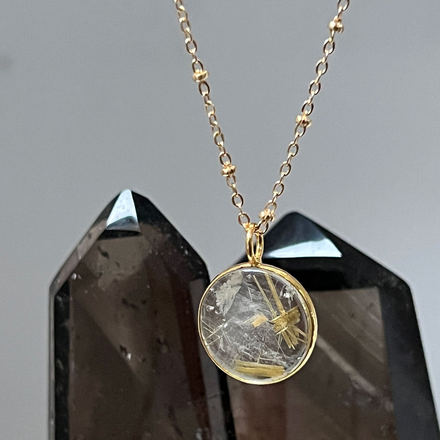 Rutil Quartz Coin Pendant on Long Satellite chain