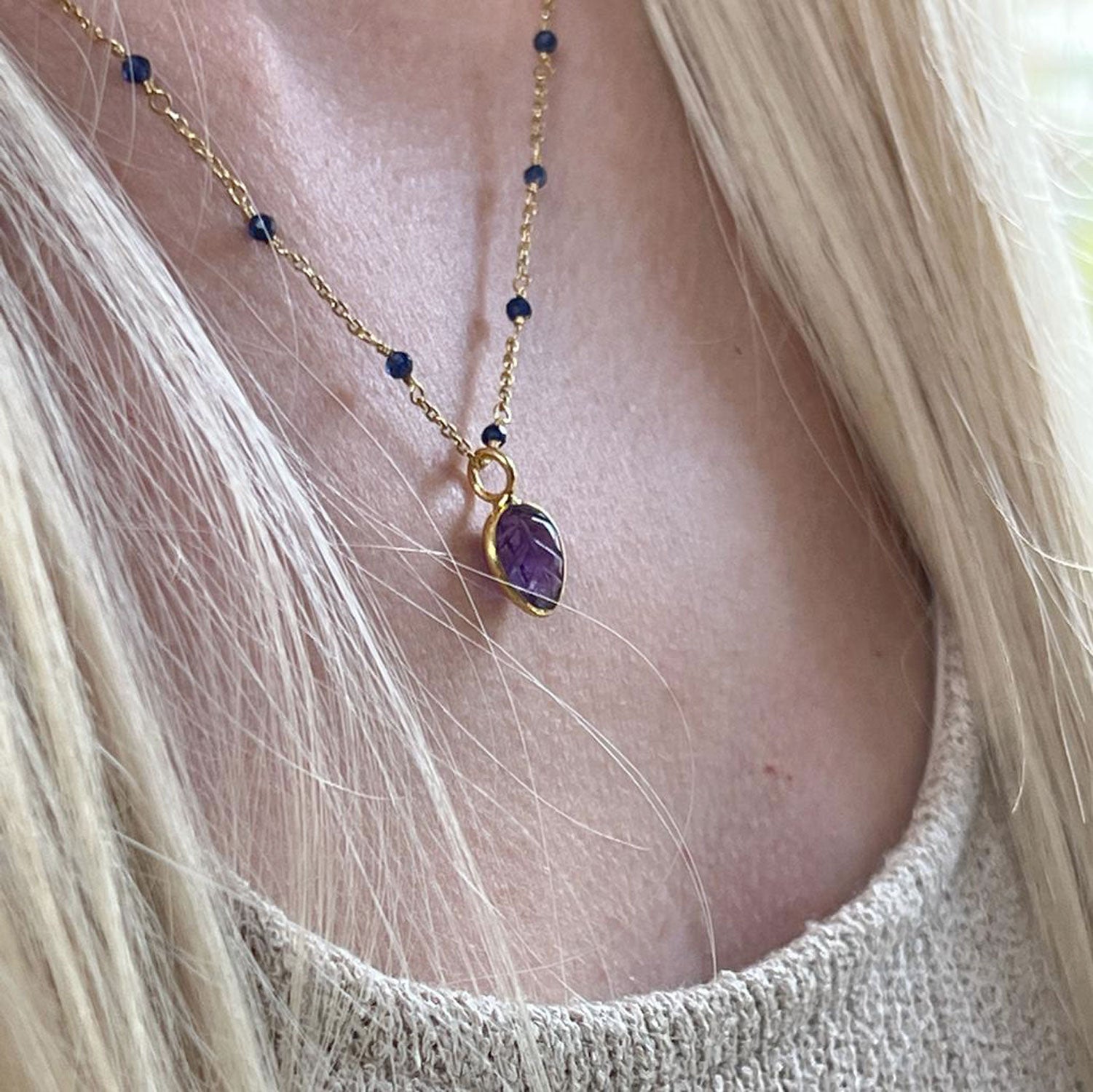 Fancy sapphire rosary with Amethyst carved leaf pendant