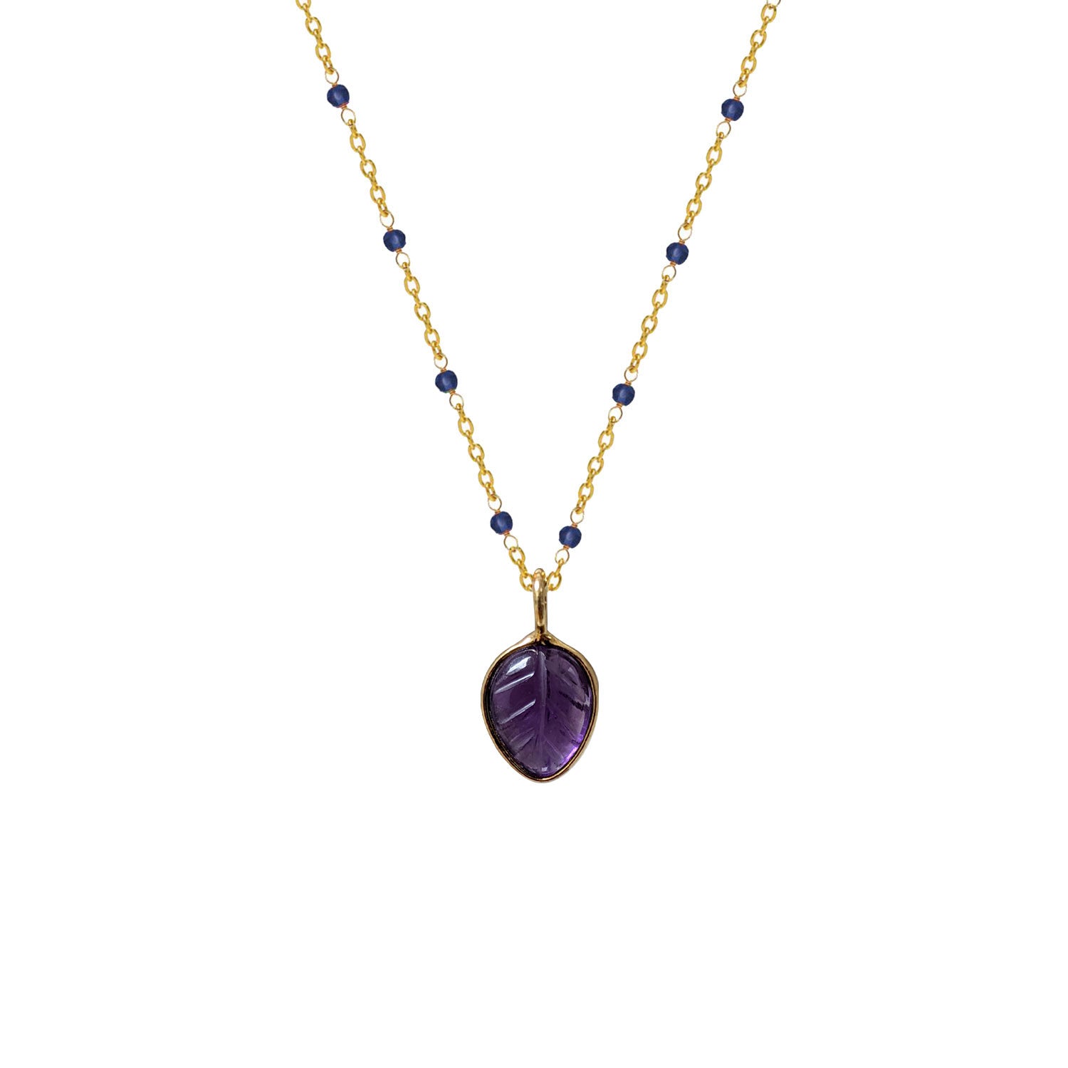 Fancy sapphire rosary with Amethyst carved leaf pendant