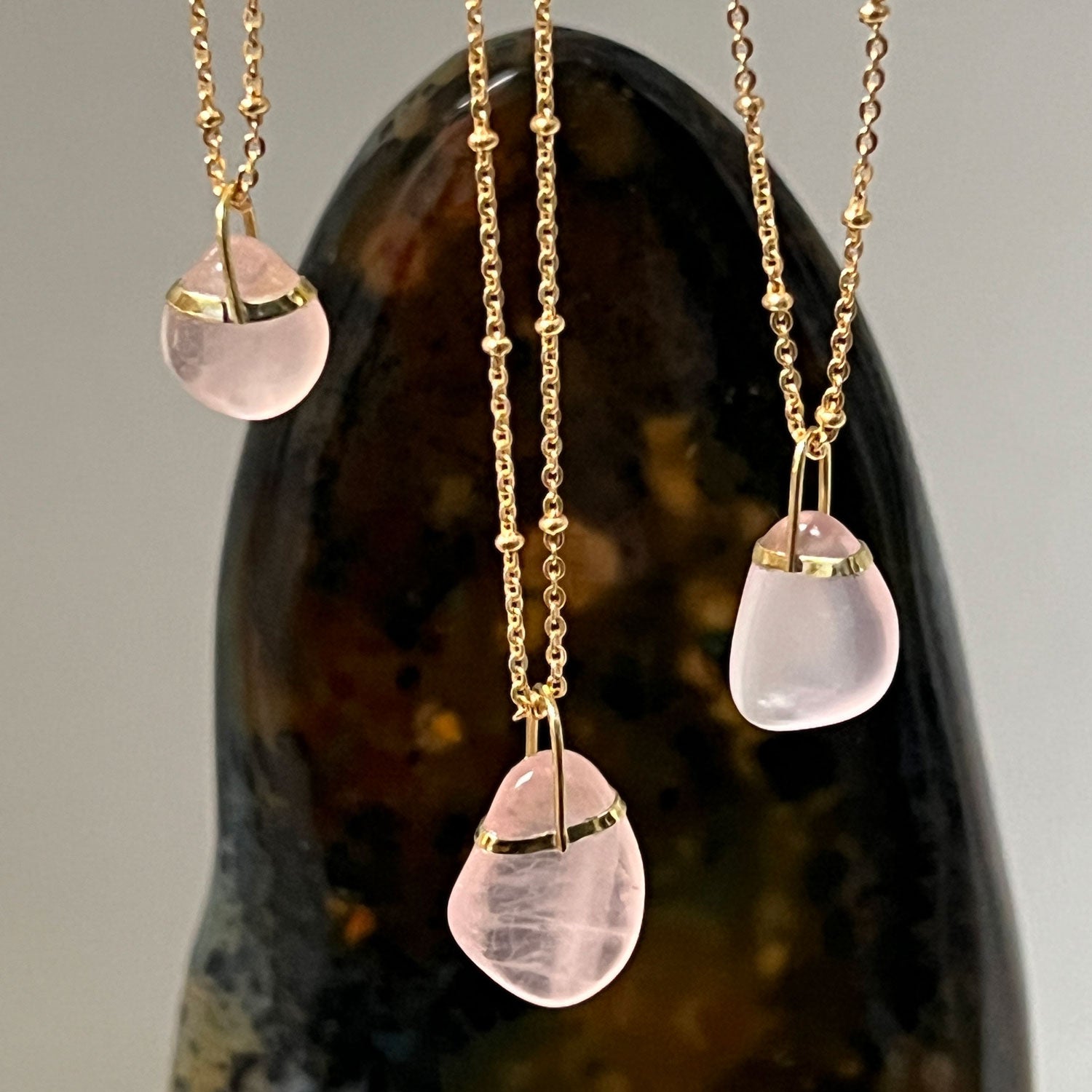 Freeform Rose Quartz Bridge set on Long Satellite Chain