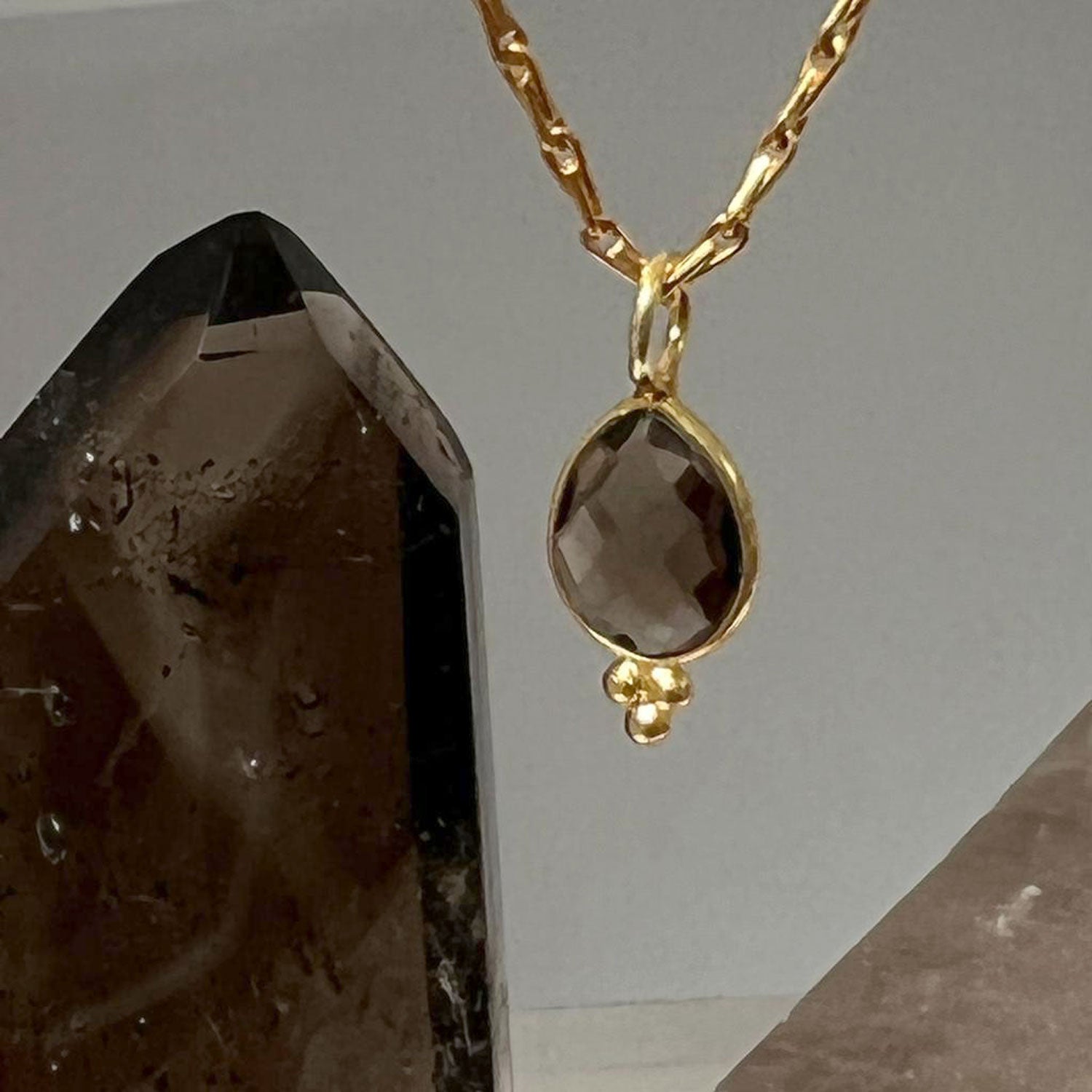 Trinity Smokey Quartz Pendant on mini torsade chain