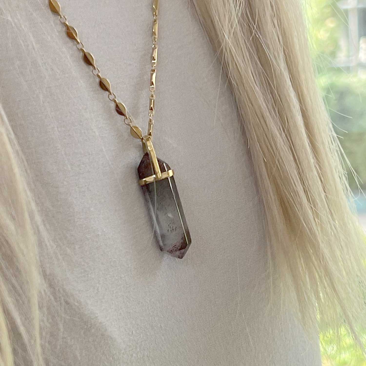 Unique Double Terminated Point Harlequin Crystal Pendant on Rose chain