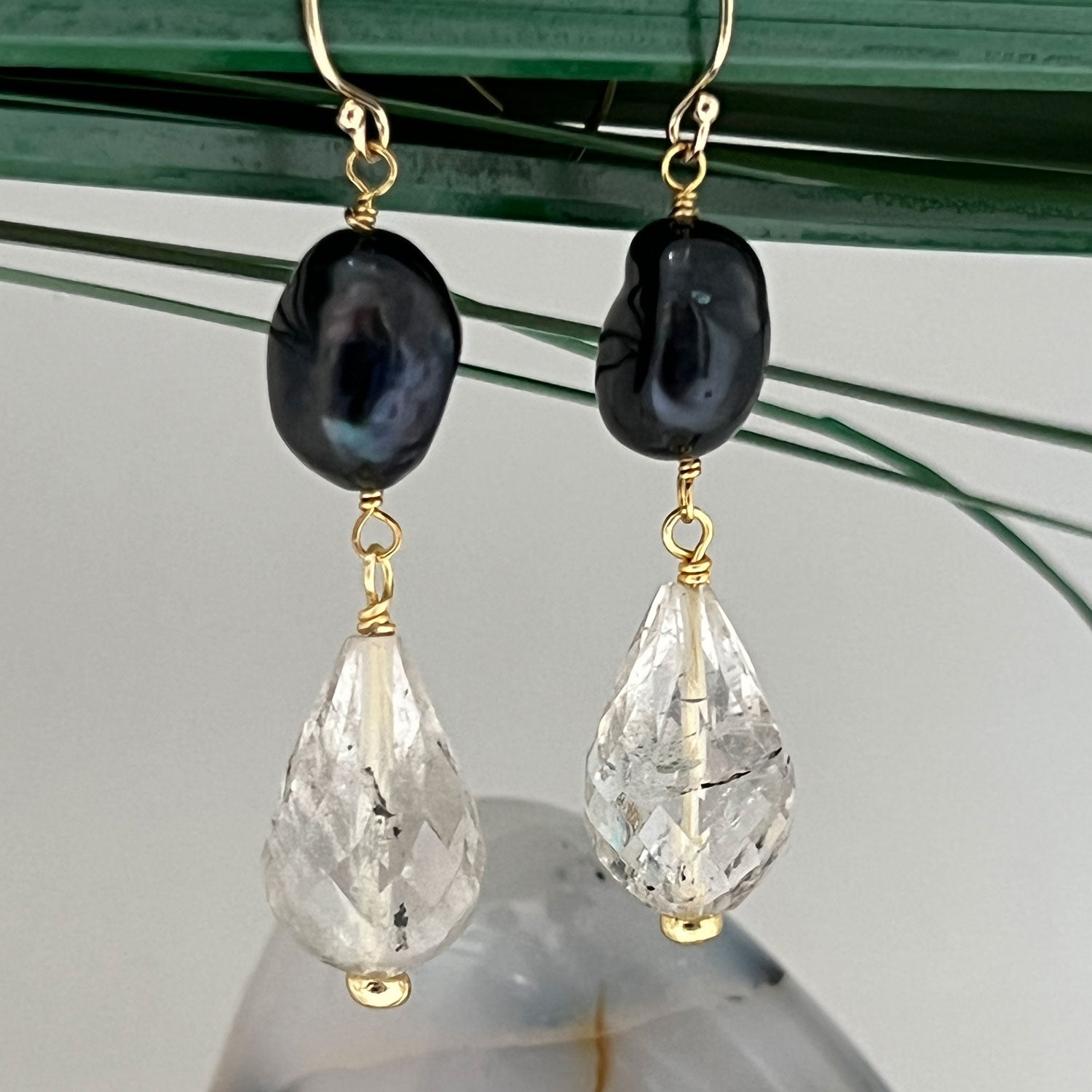 Unique Rutilated Quartz and Black Pearl earrings