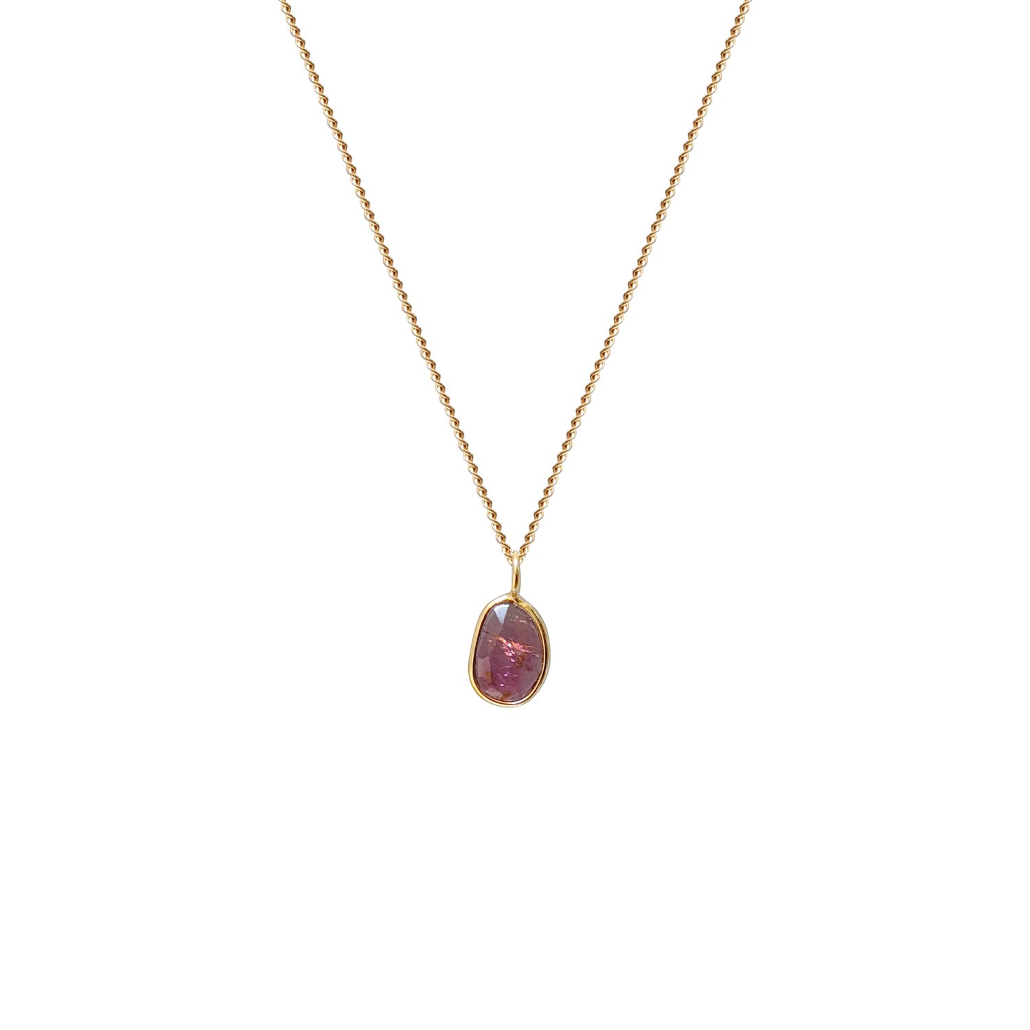 Unique Tiny Pink Tourmaline Freeform Pendant on vermeil   Curb Chain