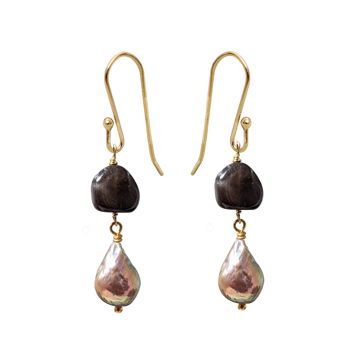 Unique iridescent freshwater pearl with chocolate moonstone earrings